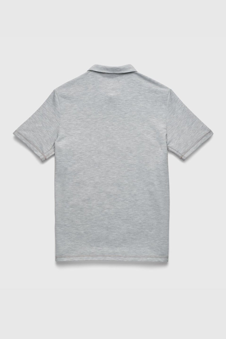 The Ryan Pique Polo by Surfside Supply Co. is displayed laid flat with the back facing up against a plain white background. This light gray short-sleeve shirt is crafted from super soft cotton, featuring a classic collar, simple hems, and a timeless three-button front placket.