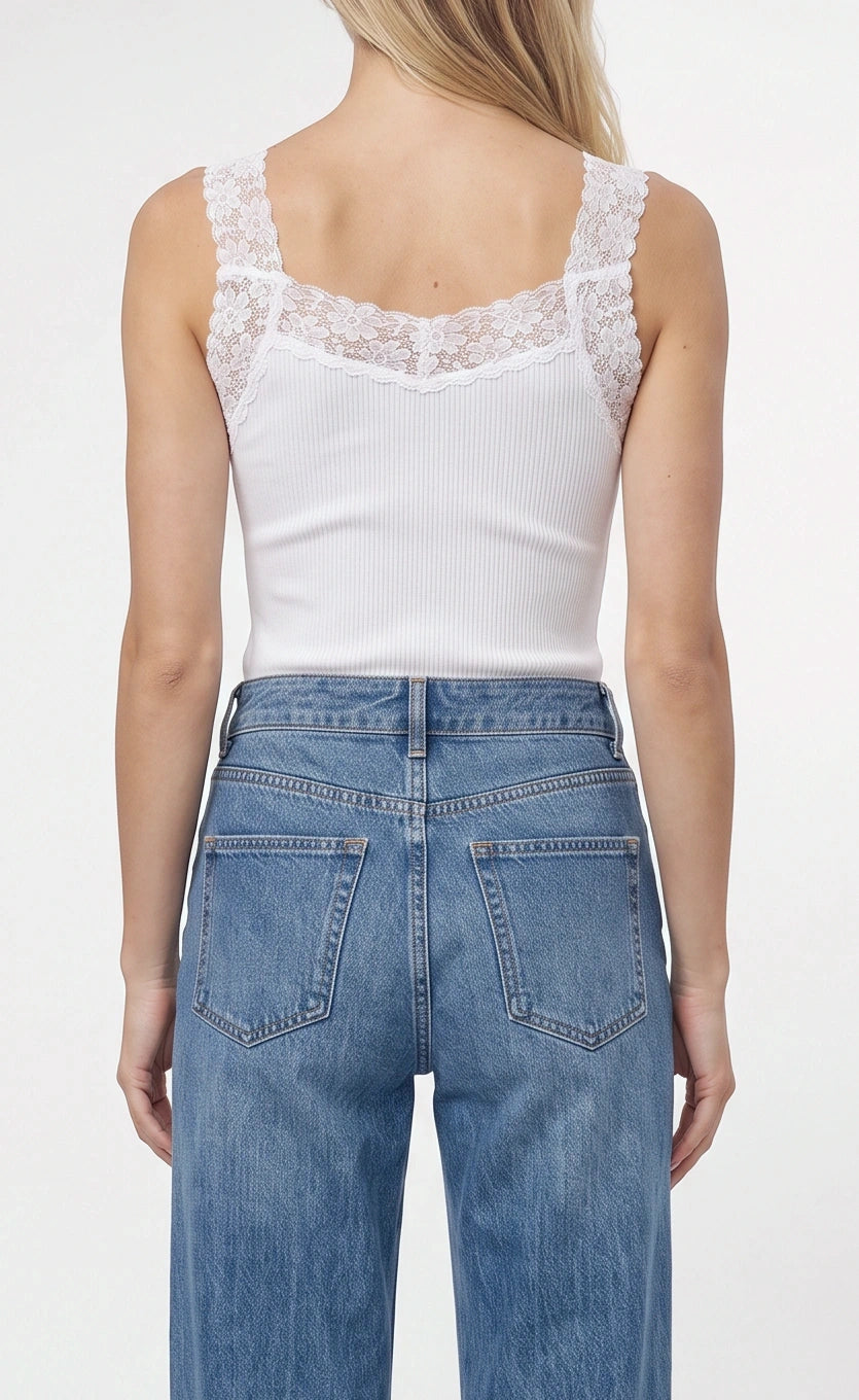 Lace Trim Seamless Tank In White