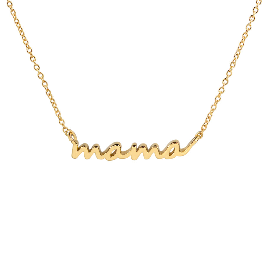 The South Moon Under 14kt Gold Plated Mama Necklace in gold features a delicate chain and cursive "mama" pendant, shown against a white background.