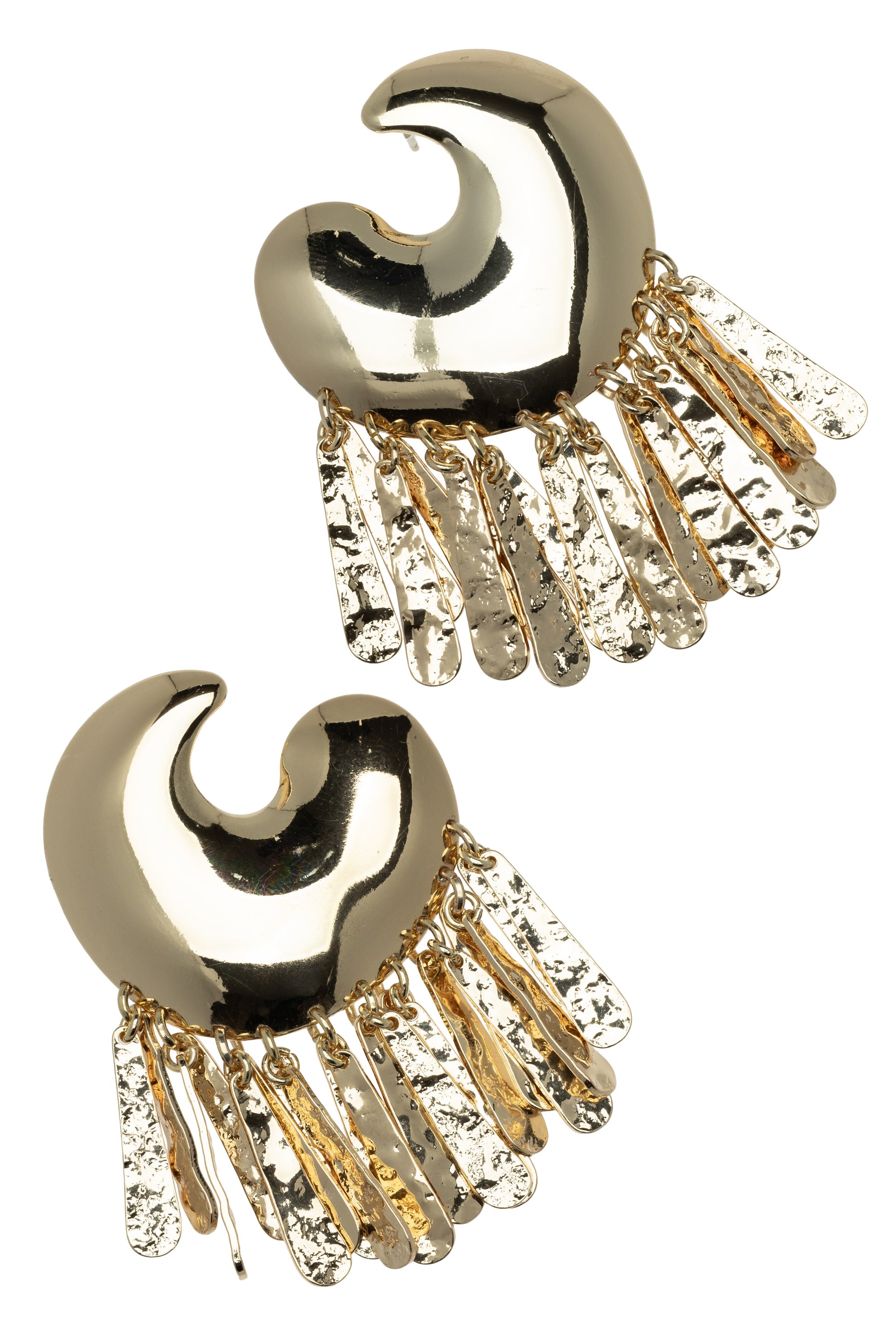 The Curved Post Drop Earrings by South Moon Under feature a shiny gold finish, abstract sculpted swirl design, and multiple textured metal fringe bars dangling from each earring.