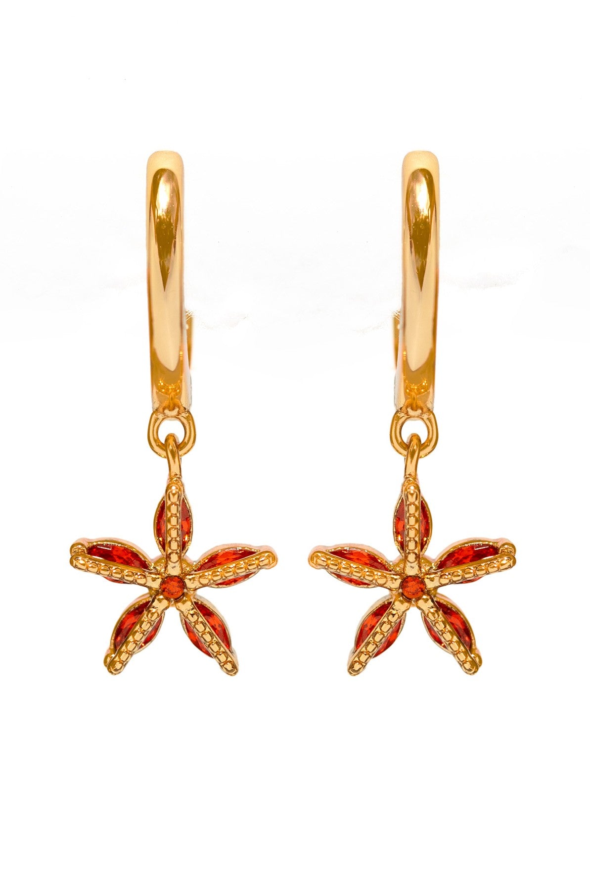 Girls Crew Mini Cluster Hoops feature gold hoops with dangling starfish charms in red and orange enamel, adding beachy style. Shown against a white background.
