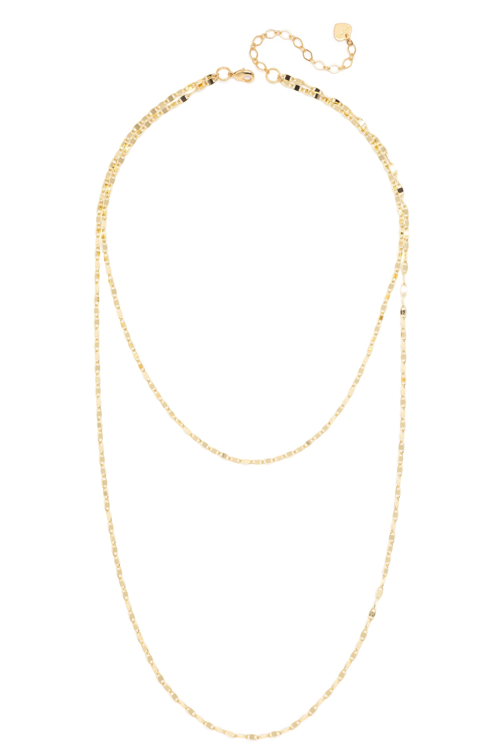 The South Moon Under Dainty Double Layered Link Necklace in GOLD features delicate gold-plated chains of varying lengths with small rectangular links and an adjustable lobster clasp for a chic layered look.