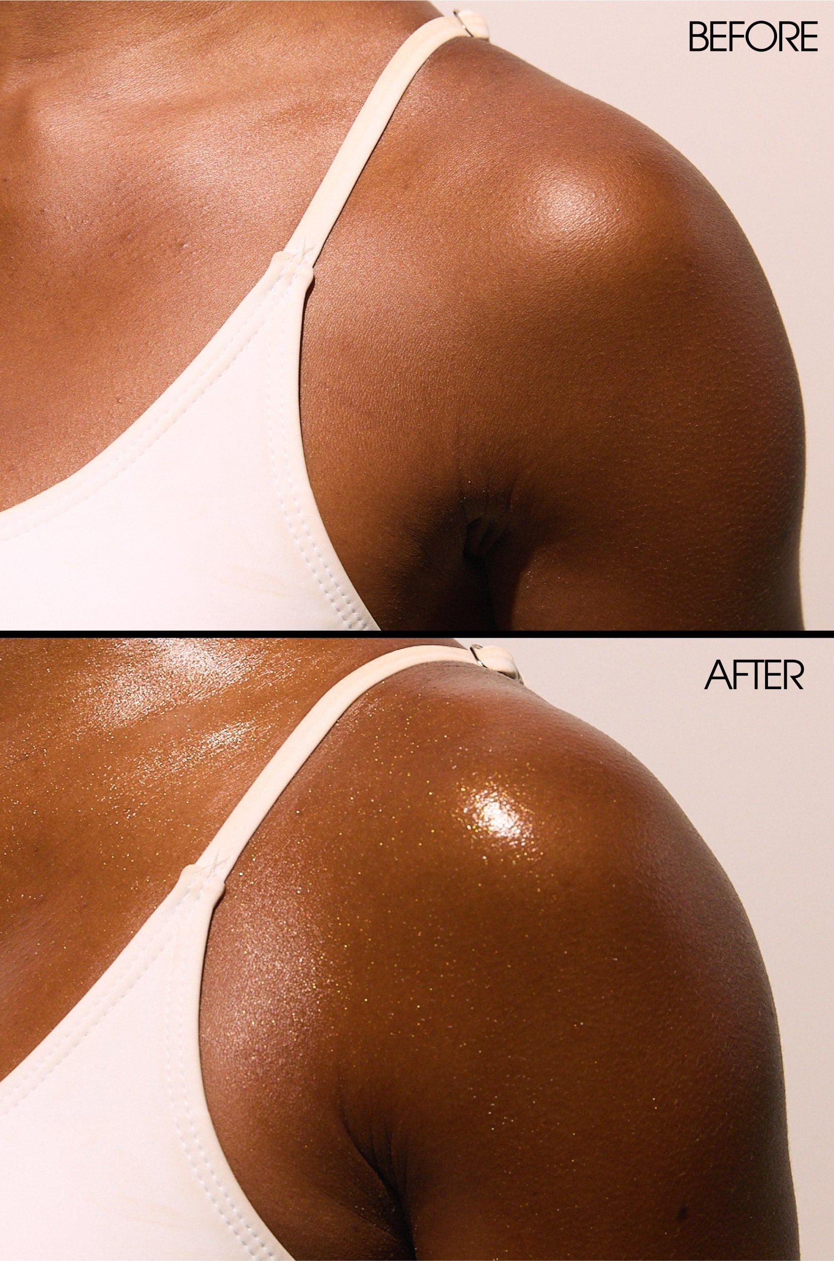 Close-up of a person’s shoulder in a white strap top. Before: matte skin. After: shiny, glowing, transparent finish, highlighting the nourishing effect of Vacation Shimmer Oil SPF 30 by Vacation.