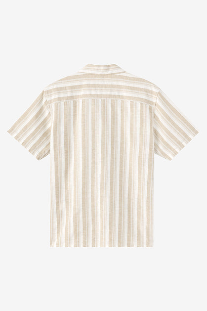 The O'Neill Dobby Standard Short Sleeve Woven Shirt features vertical beige and white stripes, a button-up front, camp collar, and is shown from the back against a plain white background.