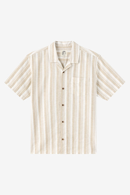 The O'Neill Dobby Standard Short Sleeve Woven Shirt features a camp collar, chest pocket, and vertical beige and white stripes. Made from a cotton linen blend, it's shown on a plain white background.