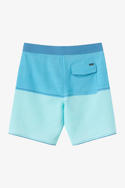 The O'Neill Hyperfreak Mysto Block 19 In Boardshort features a color-blocked back view with a blue waistband, medium blue upper, light blue lower section, and a small flap pocket on the right, all made from recycled polyester.