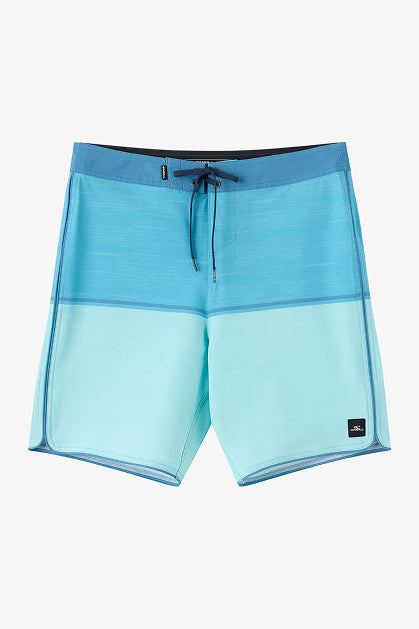 The O'Neill Hyperfreak Mysto Block 19 In Boardshort features a gradient blue design, recycled polyester Hyperfreak Stretch fabric, drawstring waist, and a black logo patch near the left hem.