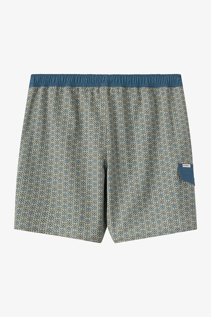 The O'Neill Hermosa Retro 17 In Swim Trunk features recycled polyester, a blue and beige geometric print, blue elastic waistband, and a small labeled side pocket.