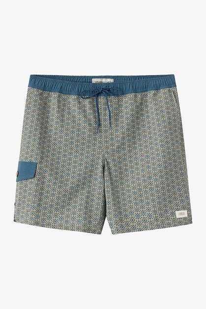 The O'Neill Hermosa Retro 17 In Swim Trunk features a blue and beige pattern, recycled polyester fabric, an elastic blue waistband with drawstring, side pocket with button, and a white patch near the hem.