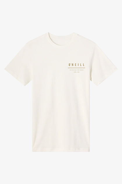 The O'Neill Surf Sesh Classic Short Sleeve Tee is a plain white 100% cotton shirt featuring a small gold O'Neill logo and text on the left chest, shown against a white background.