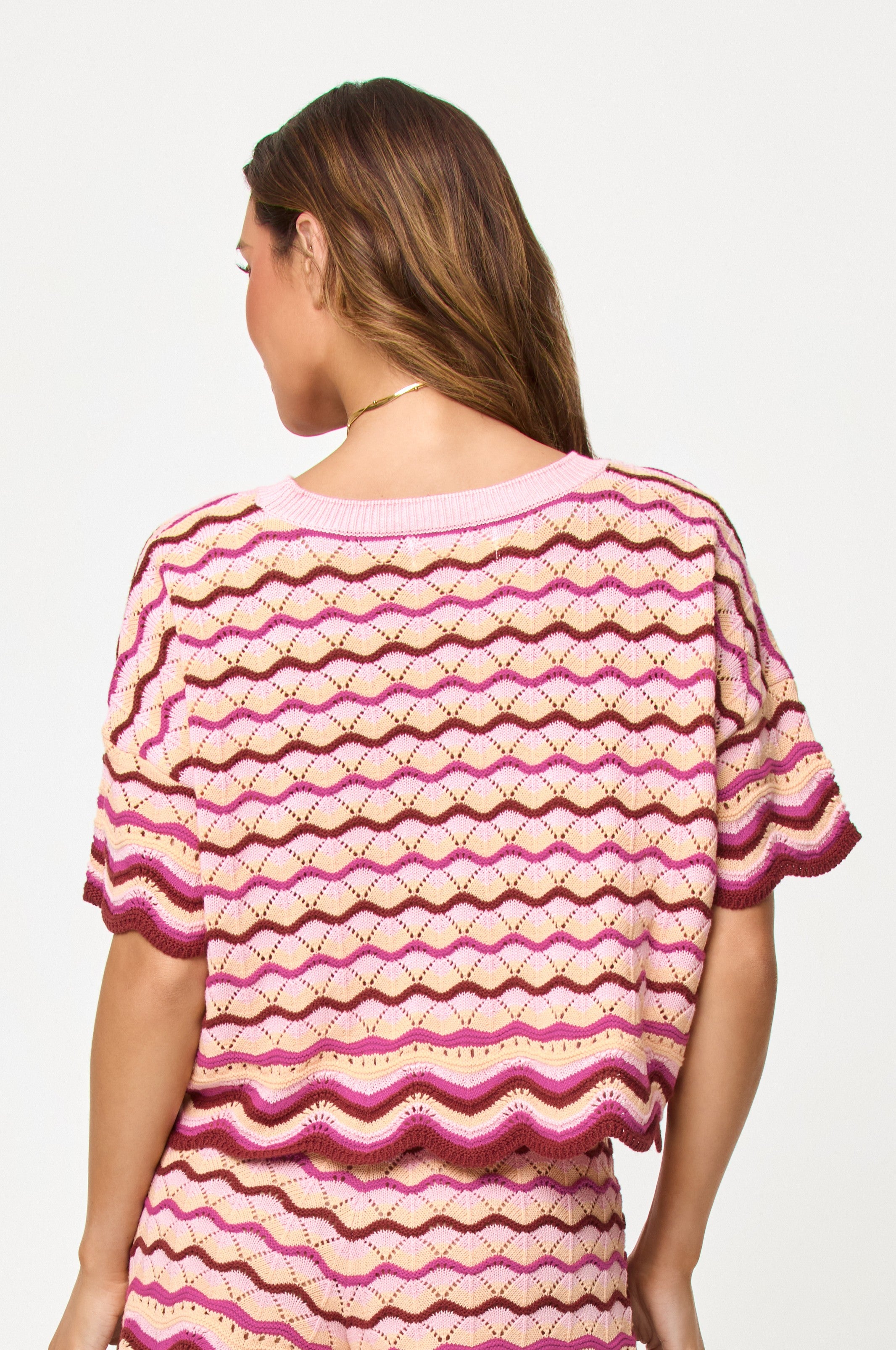 A woman with long brown hair is shown from the back in the L*Space Berry Spritz Sunchaser Top, a short-sleeve crochet knit featuring pink, cream, and burgundy zigzag patterns with a scalloped hem against a plain white background.