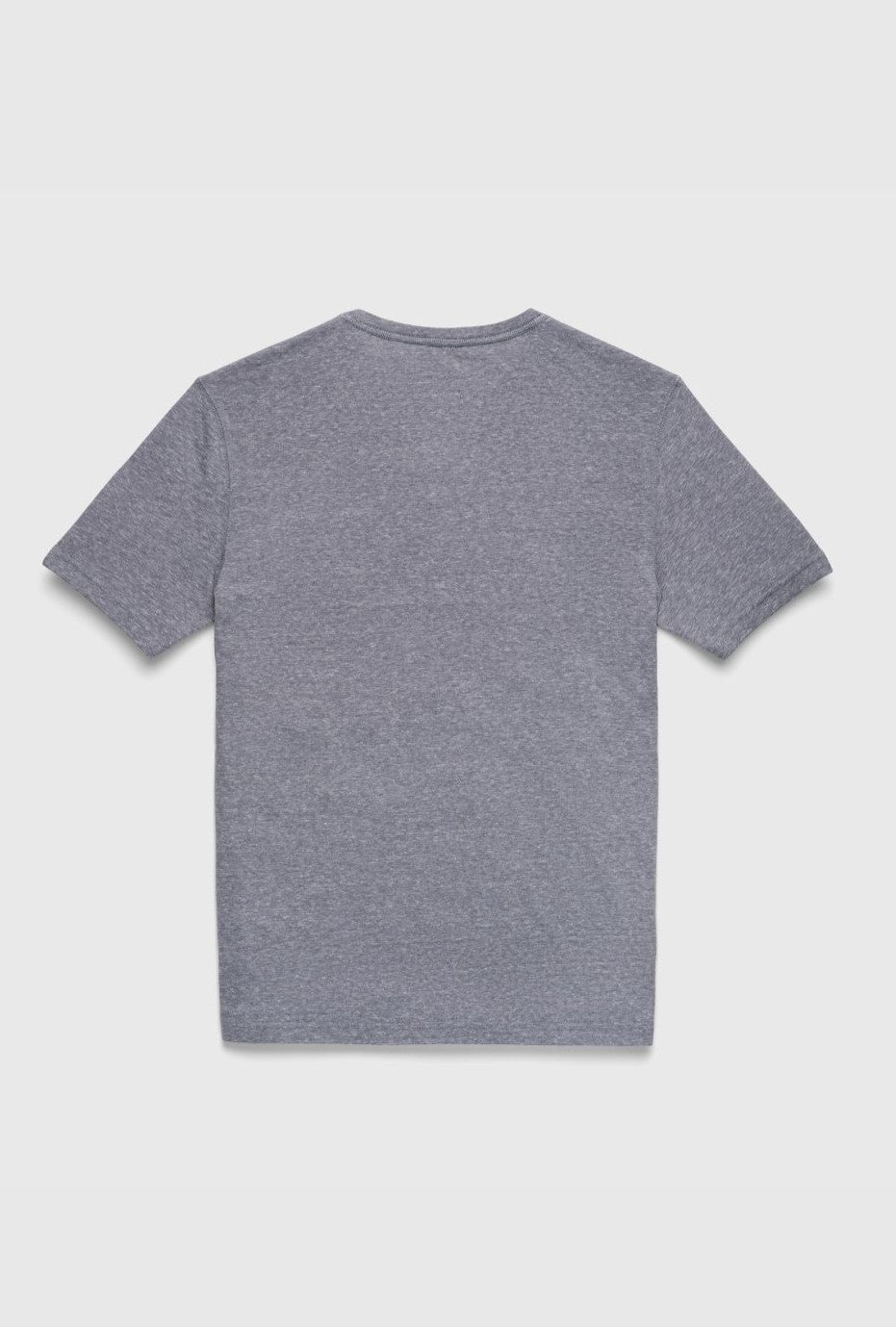 The Sean Short Sleeve Single Dye Jersey Henley by Surfside Supply Co. is shown from the back, laid flat on a light gray background. This regular-fit T-shirt features heather gray fabric and short sleeves crafted from recycled polyester.