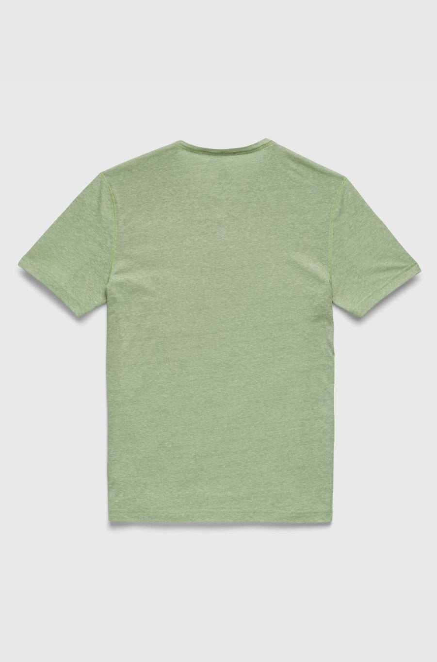 Back view of the Sean Short Sleeve Single Dye Jersey Henley by Surfside Supply Co., a regular fit light green t-shirt with short sleeves, made from recycled polyester, laid flat on a white background.