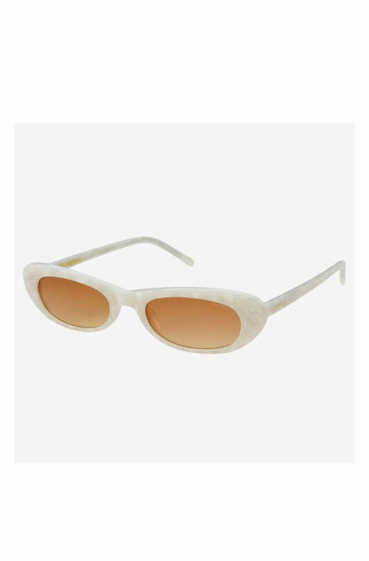 The Freyrs Sophie Sunnies are white, oval-shaped designer sunglasses with a marbled frame and brown tinted lenses for stylish UV protection, shown on a plain white background.