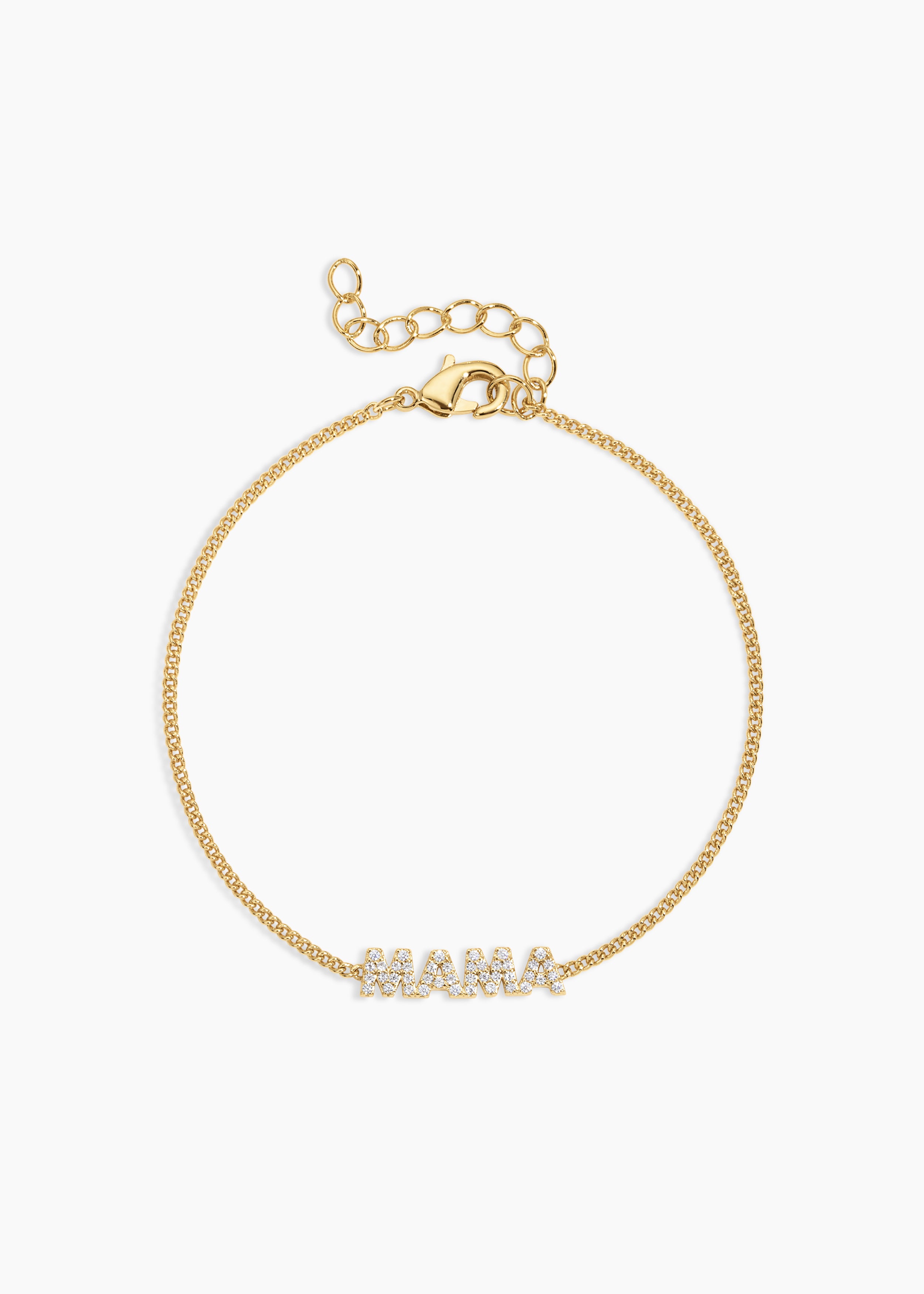 The Electric Picks Sunshine Bracelet is a gold chain featuring "MAMA" in sparkling stones at the center, with an adjustable clasp and extender charm.