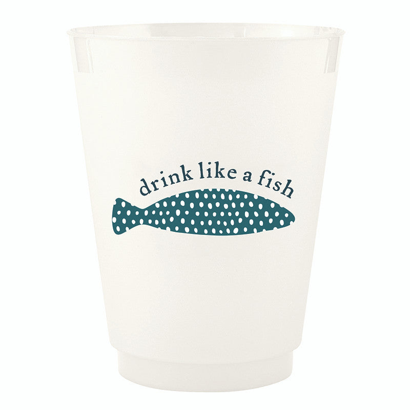The Santa Barbara Design Studio Drink Like A Fish Frosted Cups 8 Ct in White Multi feature a blue fish illustration and playful text—ideal for coastal drinkware collections or as fun, reusable cups for any beach party.