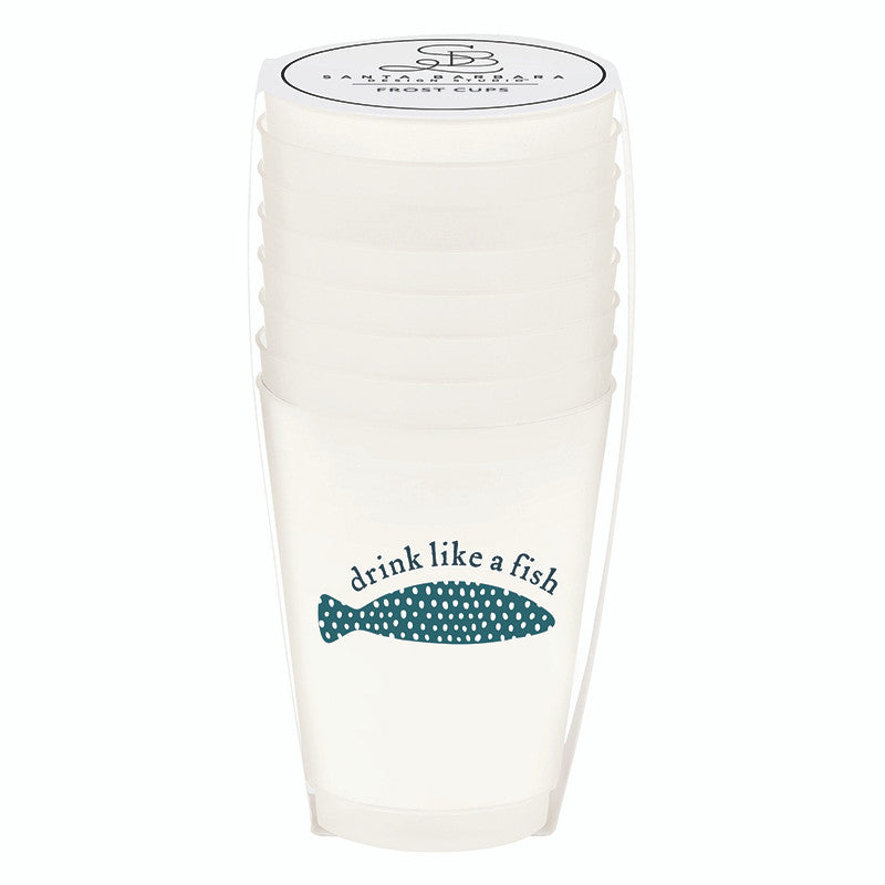 The Drink Like A Fish Frosted Cups 8 Ct by Santa Barbara Design Studio features reusable cups with a blue fish graphic and "drink like a fish" text—perfect for beach parties. The top cup includes a round branded label.