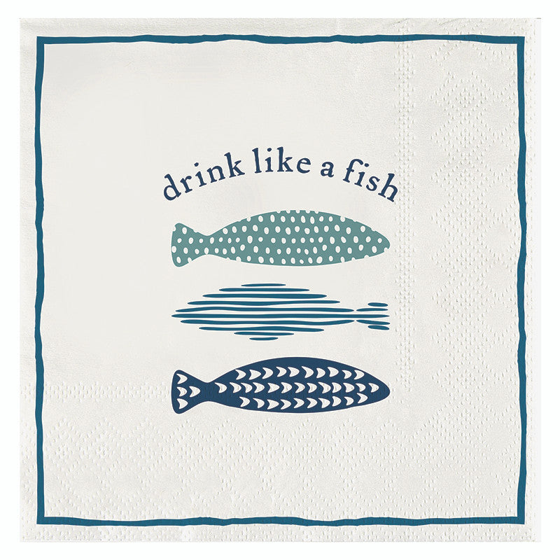The Drink Like A Fish Napkin Set by Santa Barbara Design Studio features white nautical napkins with two stylized fish and "drink like a fish" in blue, plus a charming blue border—perfect for your next beach party.