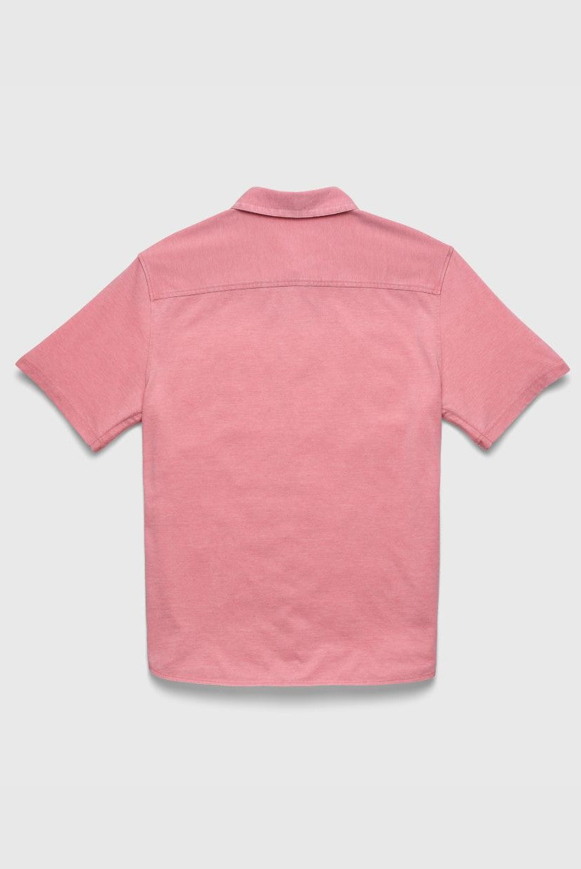 The Tony Short Sleeve Burnout Knit Shirt by Surfside Supply Co. is shown flat, back facing up, in pink regular fit style against a plain light gray background.