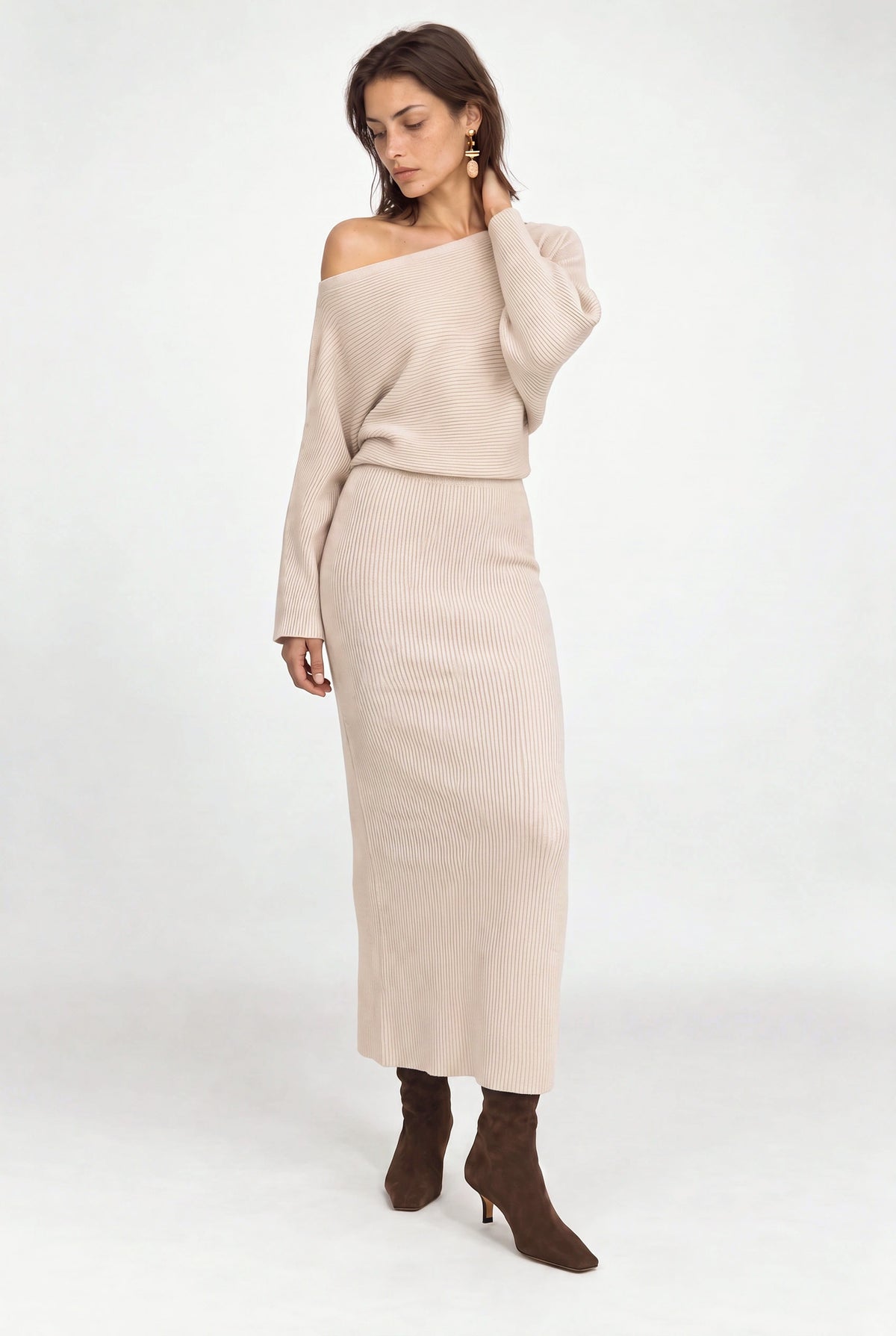 Liv Off The Shoulder Midi Sweaterdress In Winter White