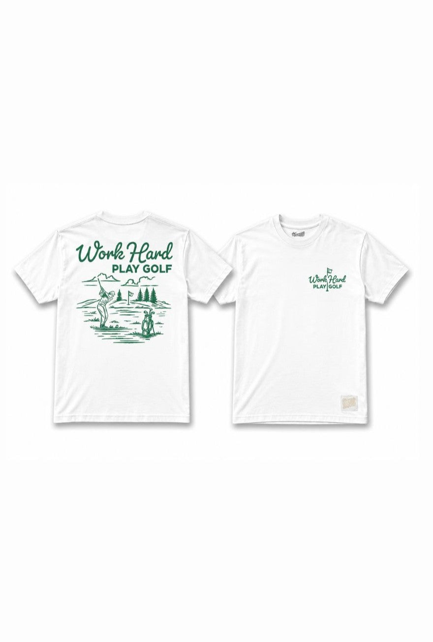 The Original Retro Brand "Work Hard Play Golf" tee in Vintage White features green text and graphics, a front golfer illustration with motto, a large golf scene on the back, and a tagless collar for comfort.