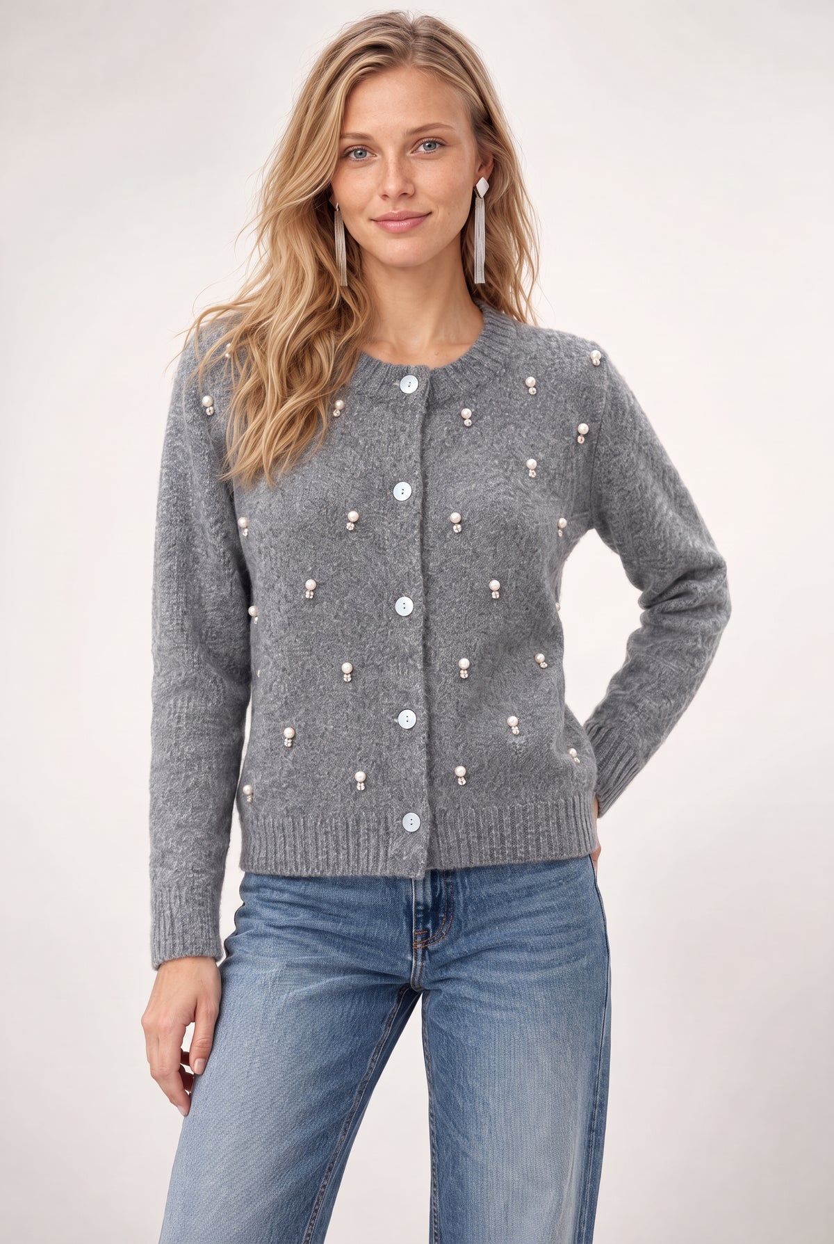 Gray cardigan with white pearl and rhinestone embellishments throughout, button front closure, long sleeves.