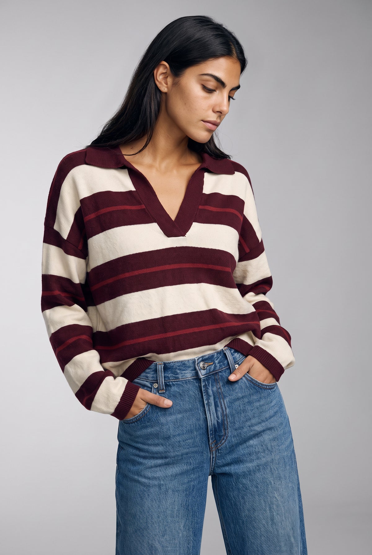 Fallon Striped Polo Sweater In Burgundy Combo