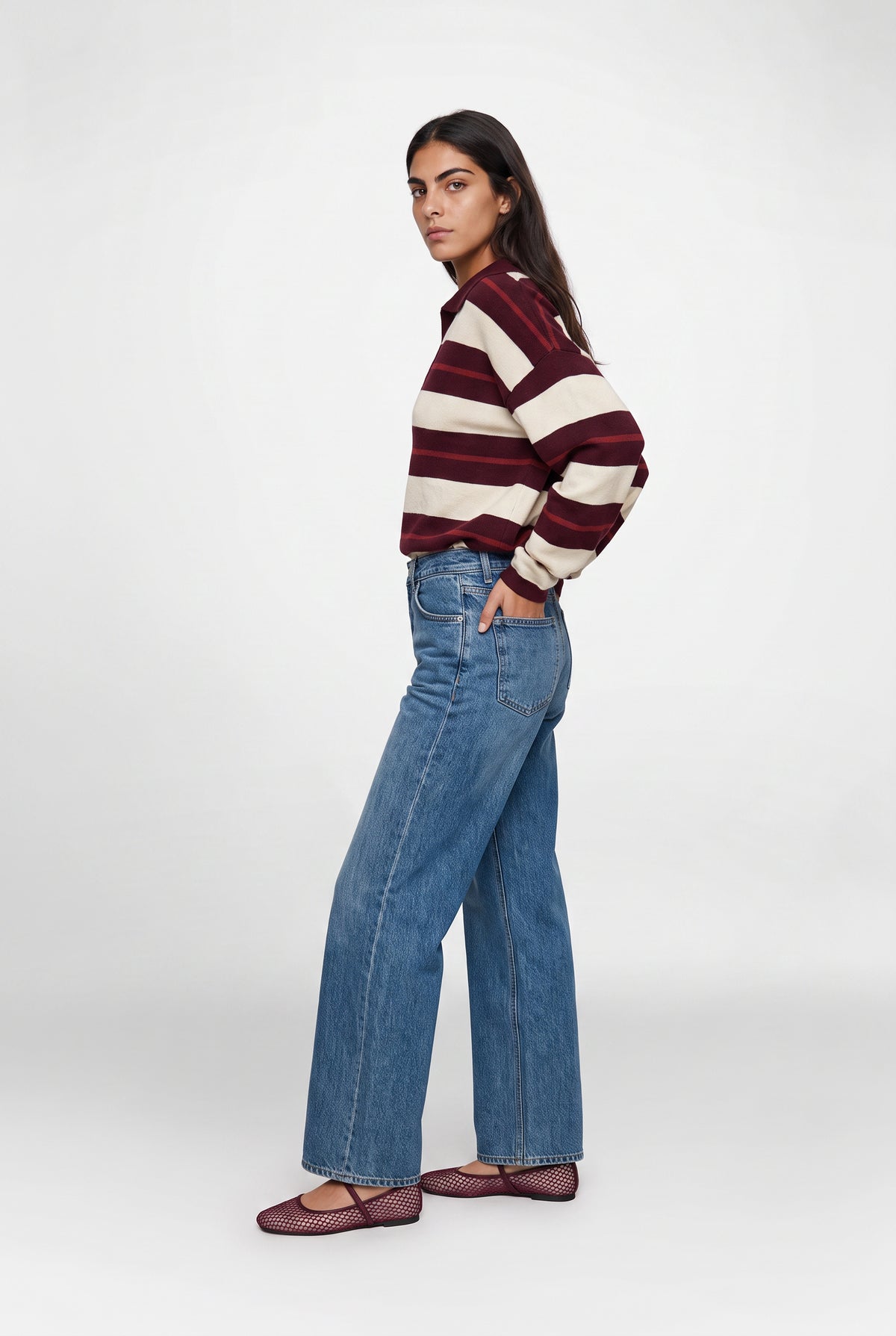 Fallon Striped Polo Sweater In Burgundy Combo