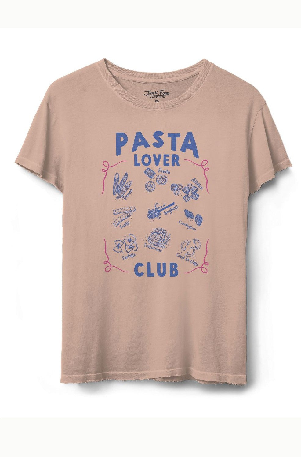 The Junk Food Pasta Lovers Tee is a light pink shirt with distressed graphics and blue "Pasta Lover Club" text, featuring illustrations of penne, fusilli, and ravioli—perfect for true pasta fans.