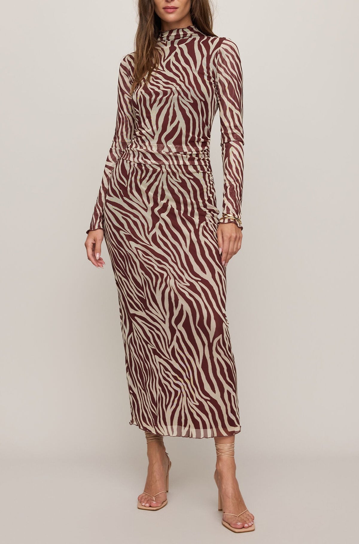 Sevilla Zebra Mesh Midi Dress In Velvet Rouge