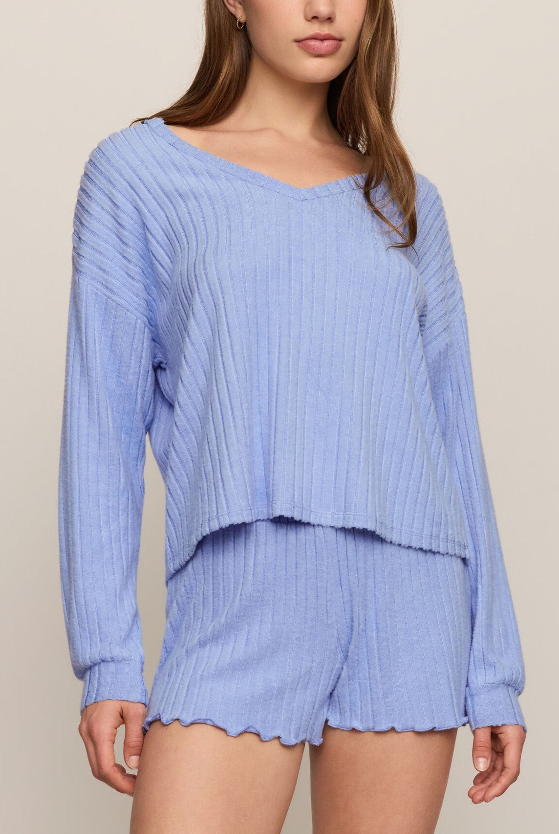 Daydreamer Soft V Long Sleeve Top In Crystal Blue
