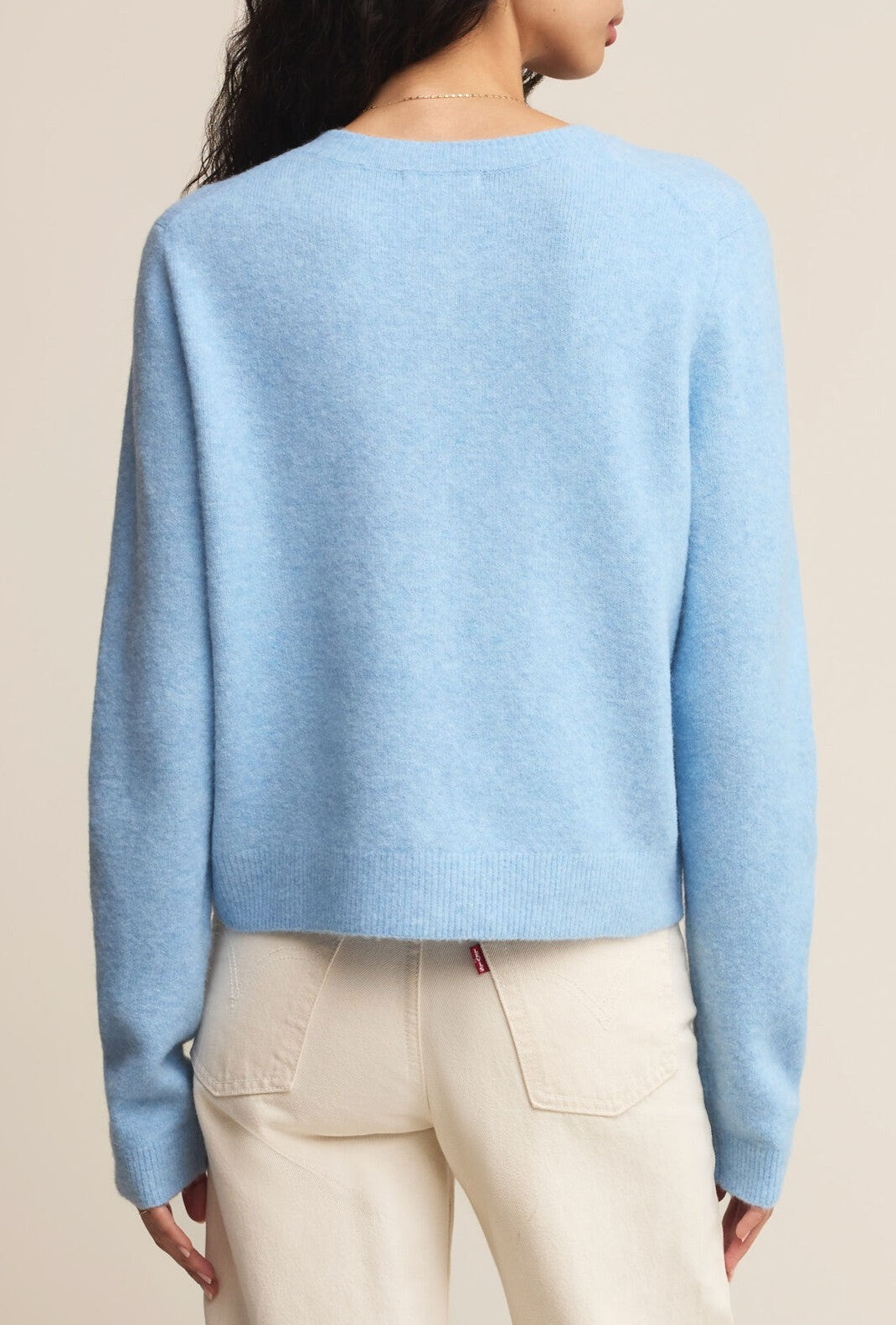 A woman with wavy brown hair is shown from the back wearing the Z Supply Medina Cardigan in Serene Blue, paired with off-white jeans. The long-sleeve cardigan features a simple, classic design and a cozy crew neck. The background is plain and neutral.