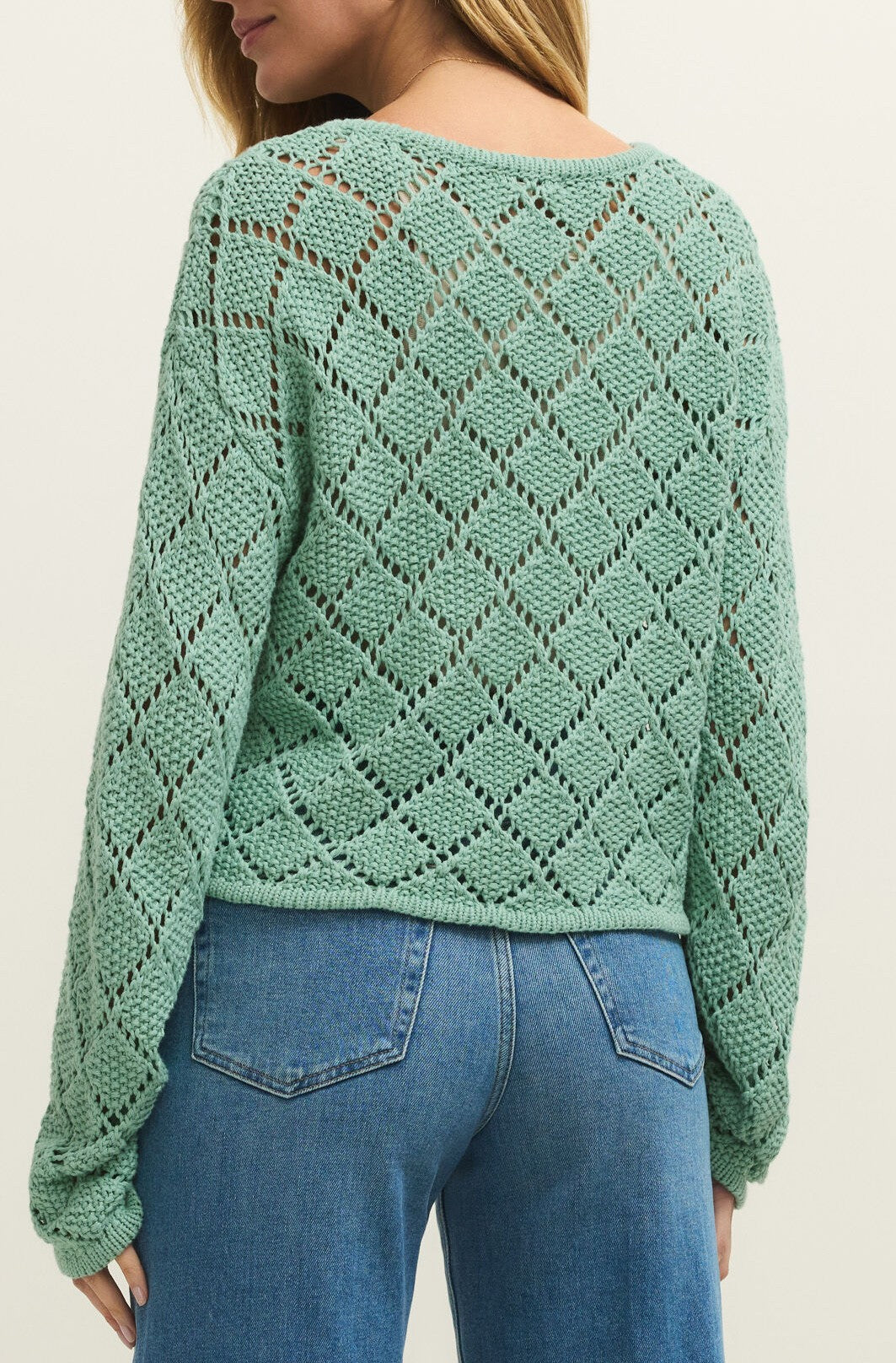A person wears the Z Supply Hullen Crochet Sweater, a mint green long-sleeve cotton top with a diamond crochet pattern, paired with blue jeans. The back view highlights the sweater’s loose fit and detailed texture.