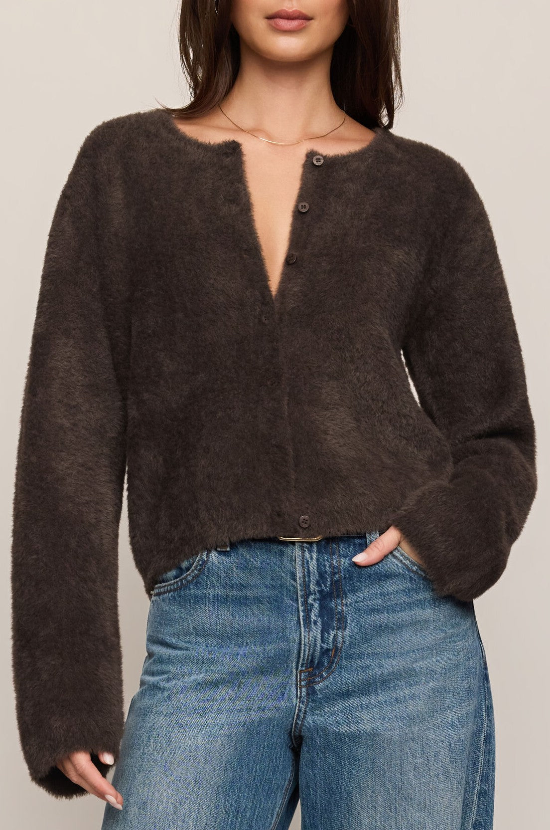 Winterglow Fluffy Cardigan In Cocoa Bean