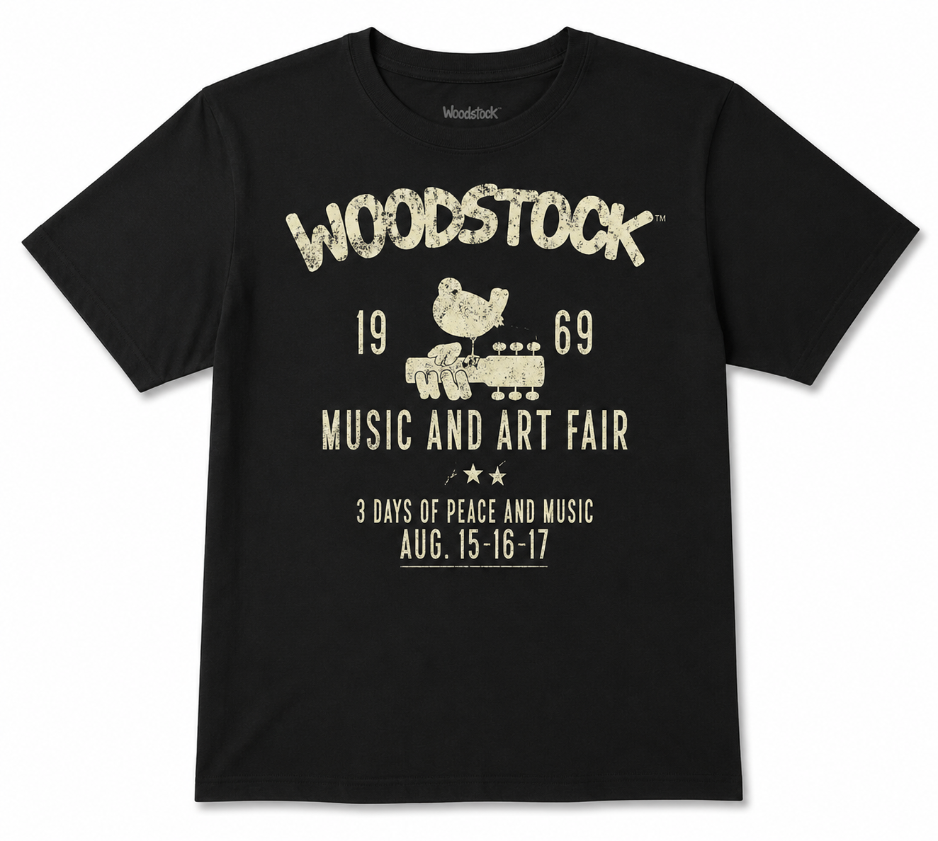 The Original Retro Brand Woodstock Tee is a black unisex t-shirt with a vintage 1969 Music and Art Fair bird-on-guitar design and “3 Days of Peace and Music, Aug. 15-16-17” in distressed white print on ultra-soft cotton.