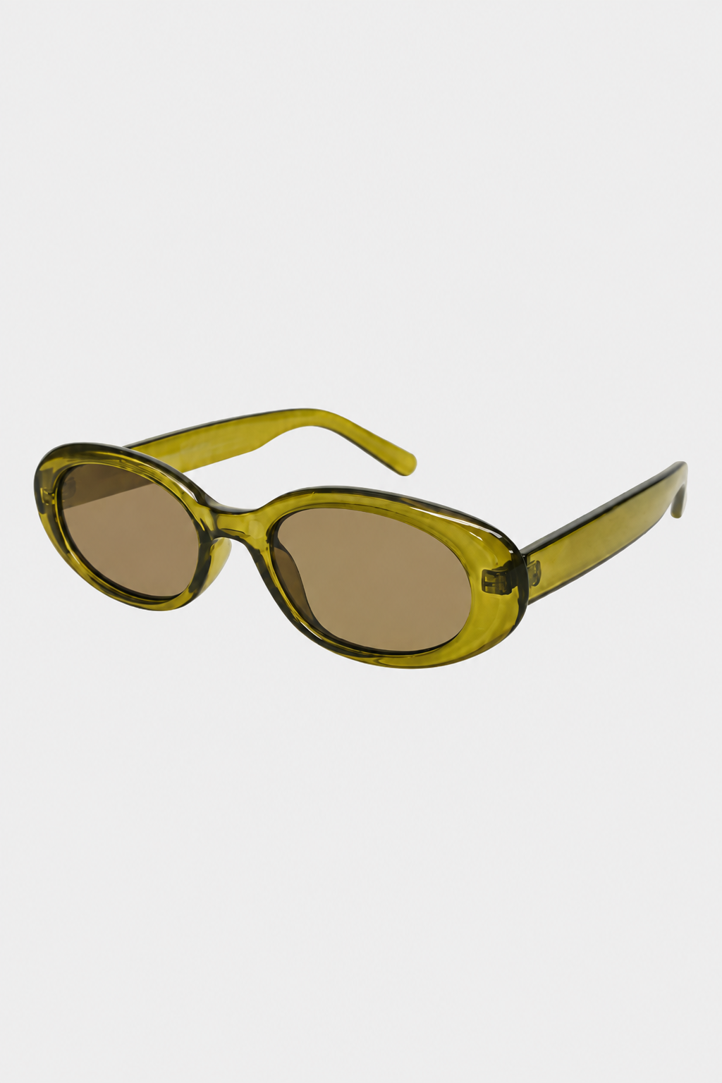 Oval sunglasses with olive green transparent frames and brown tinted lenses.