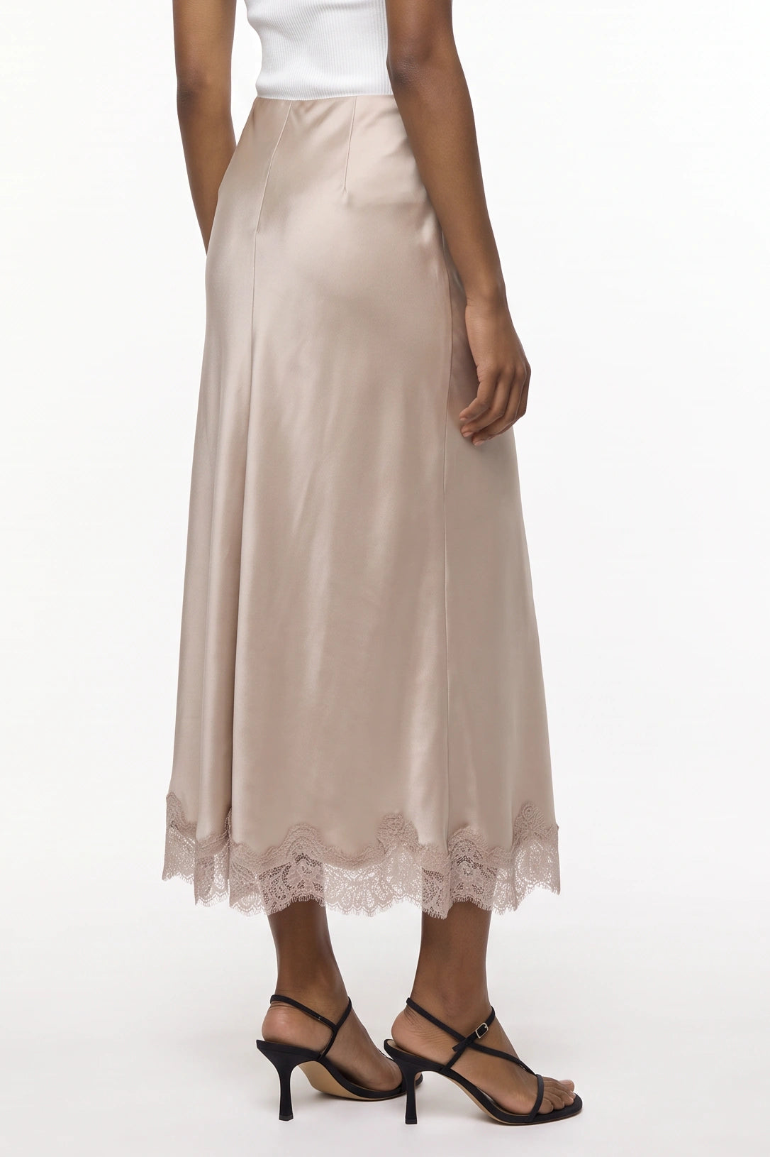 Remi Satin Lace Midi Skirt In Champagne
