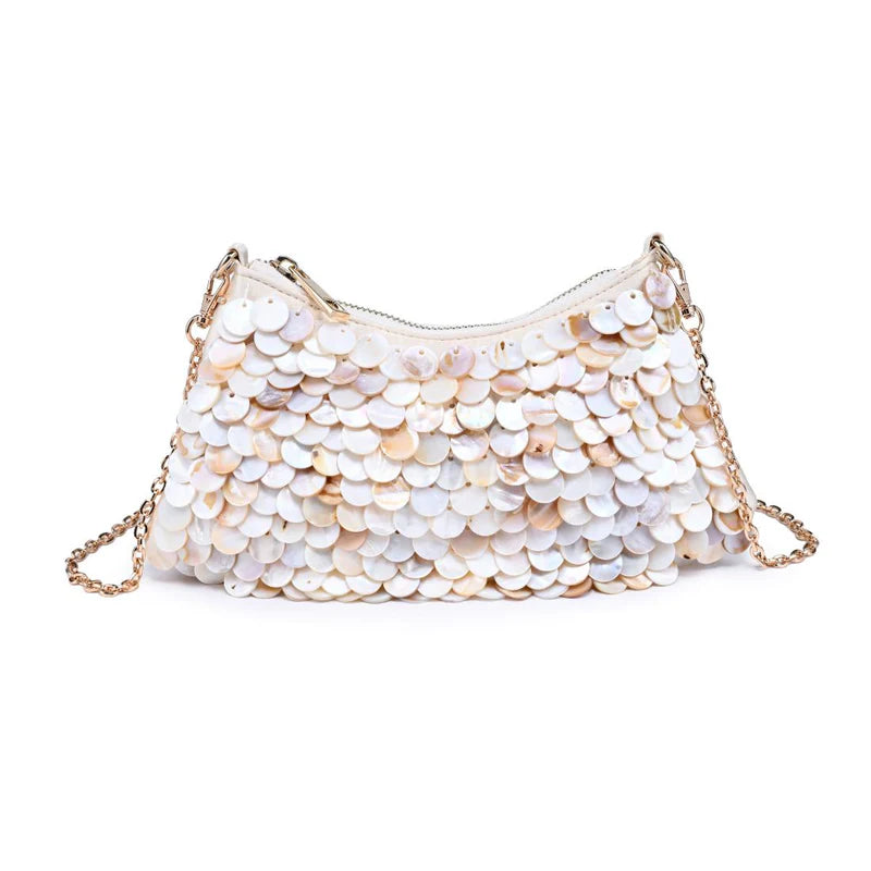 The Opalite Shell Purse by Urban Expressions is a small ivory evening bag featuring overlapping iridescent sequins for a shimmering, textured look, and includes a removable gold chain strap.