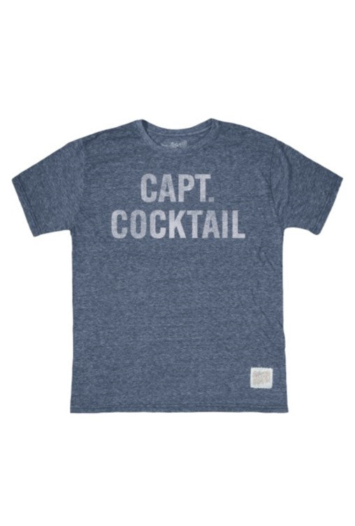 A STREAKY NAVY crew neck t-shirt by Original Retro Brand, featuring a distressed Captain Cocktail graphic in bold white letters on the front, crafted from a soft tri-blend fabric for all-day comfort.