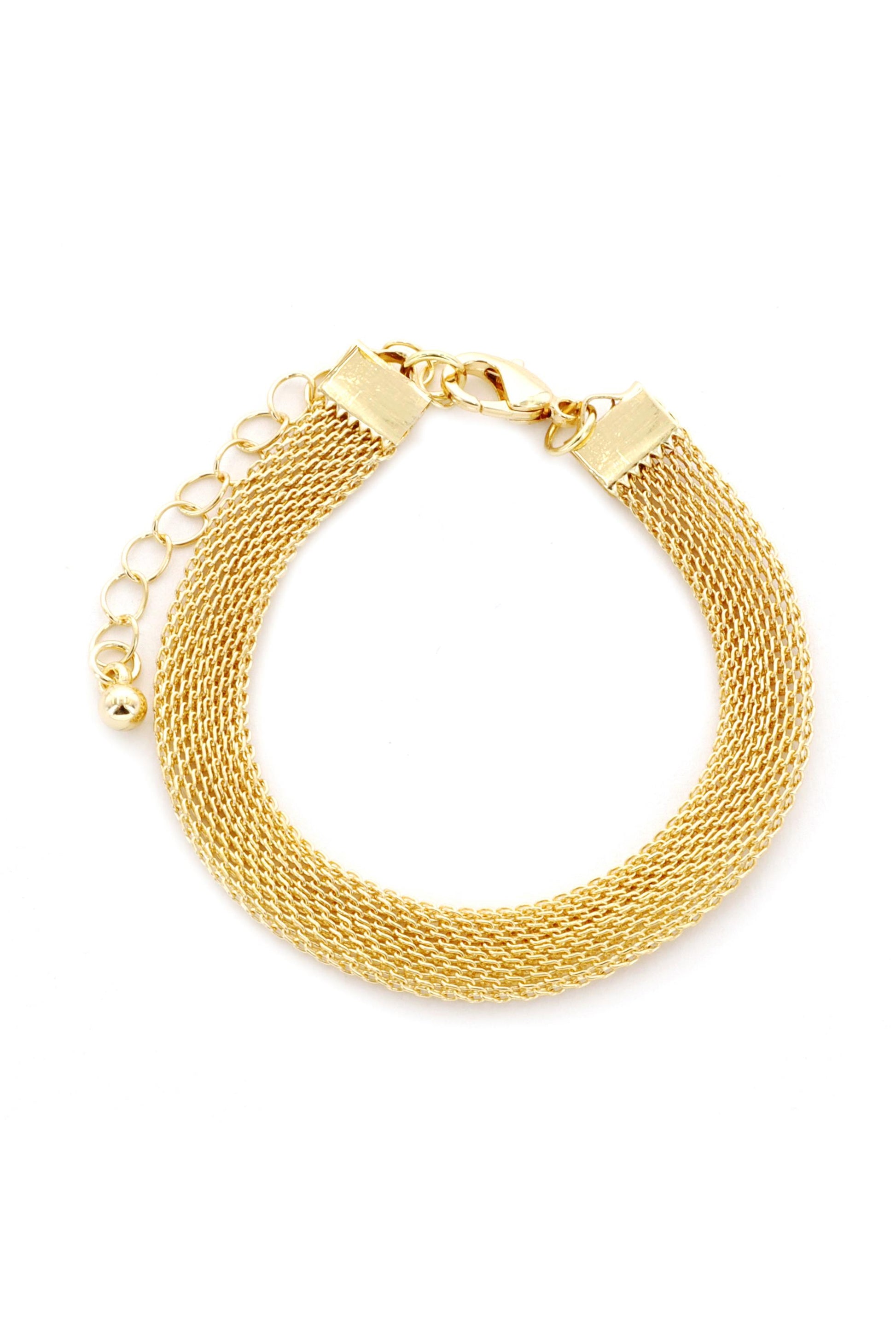 The South Moon Under Fine Mesh Bracelet features 14k gold plating, a lobster claw closure, and an adjustable extender chain, shown on a white background.