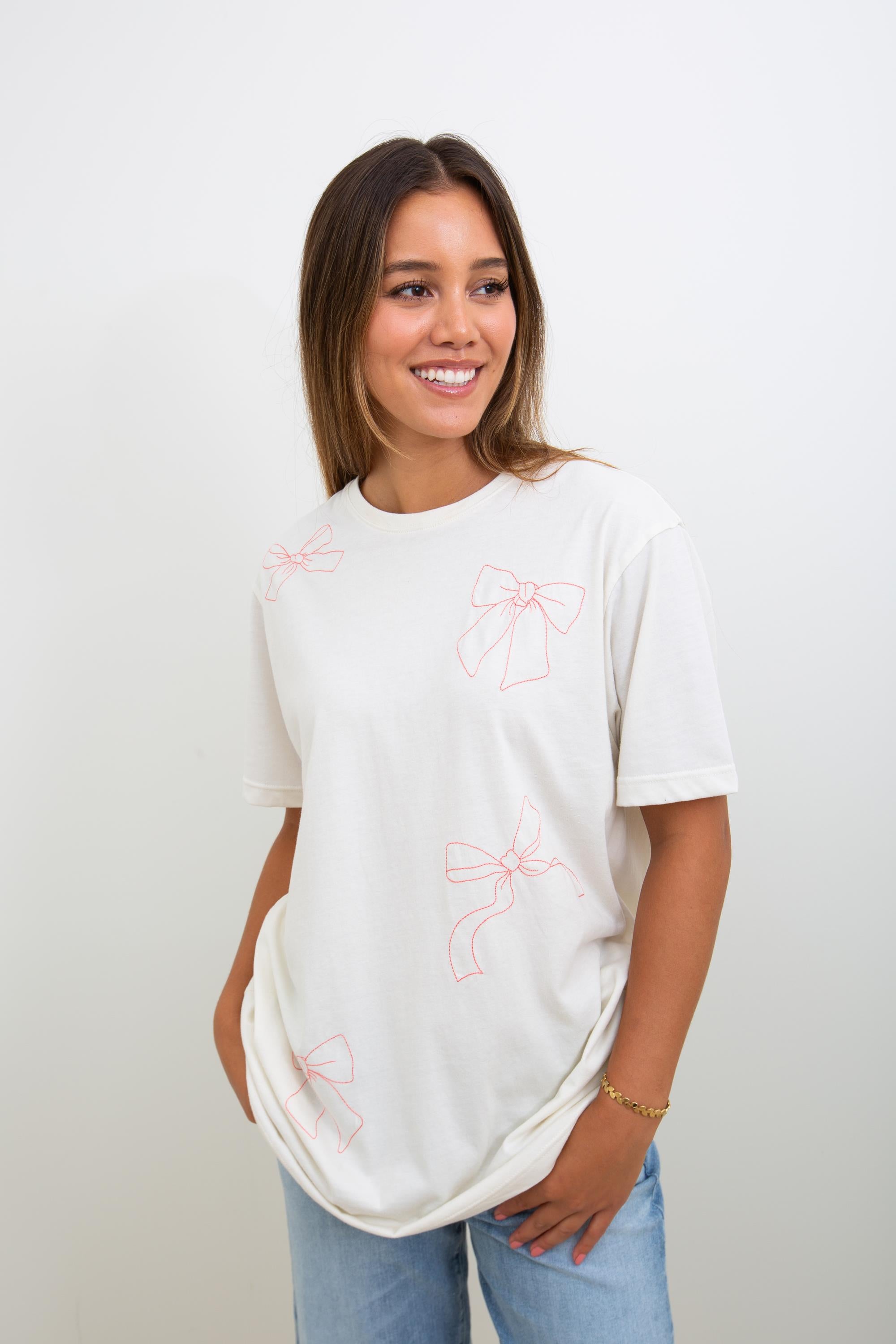 Bow Embroidered Outline Oversized Tee