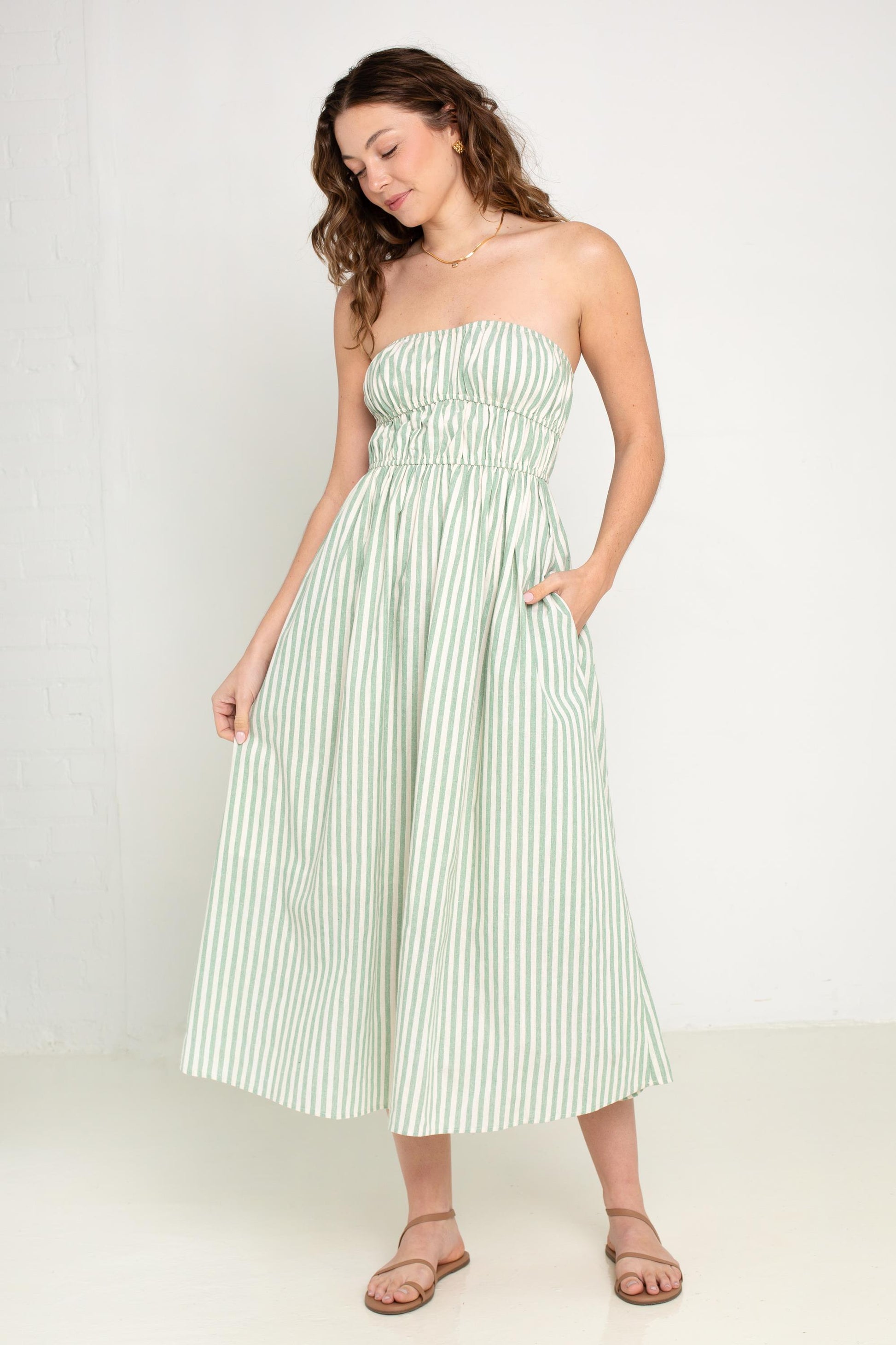 Peyton Strapless Midi Dress Green Multi Red Multi / L Peyton Strapless Midi Dress Green Multi Red Multi / L