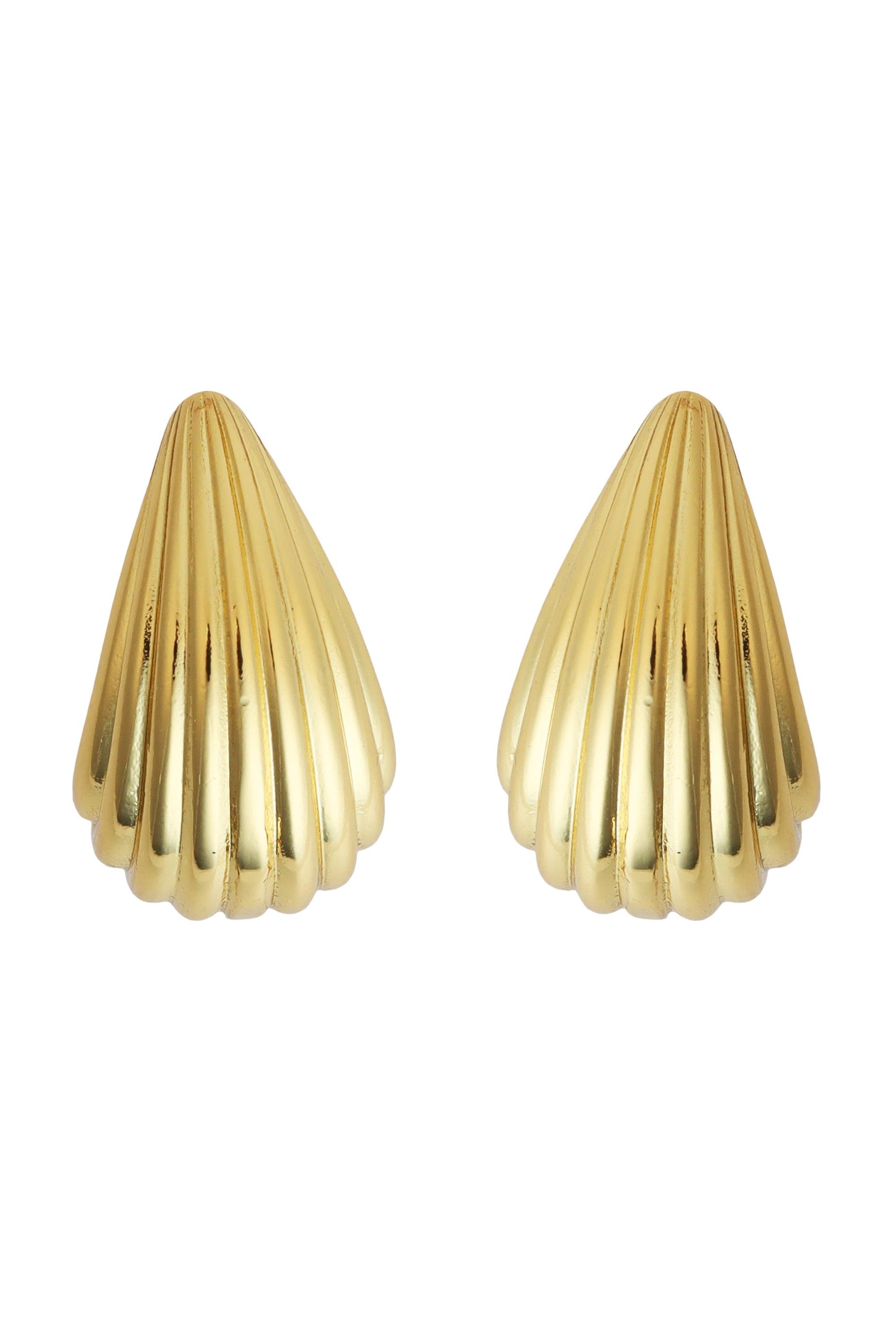 The South Moon Under 075 In Ear Gold Post Drop Layer earrings feature a gold color and shell-shaped, shiny ribbed design shown side by side on a plain white background.