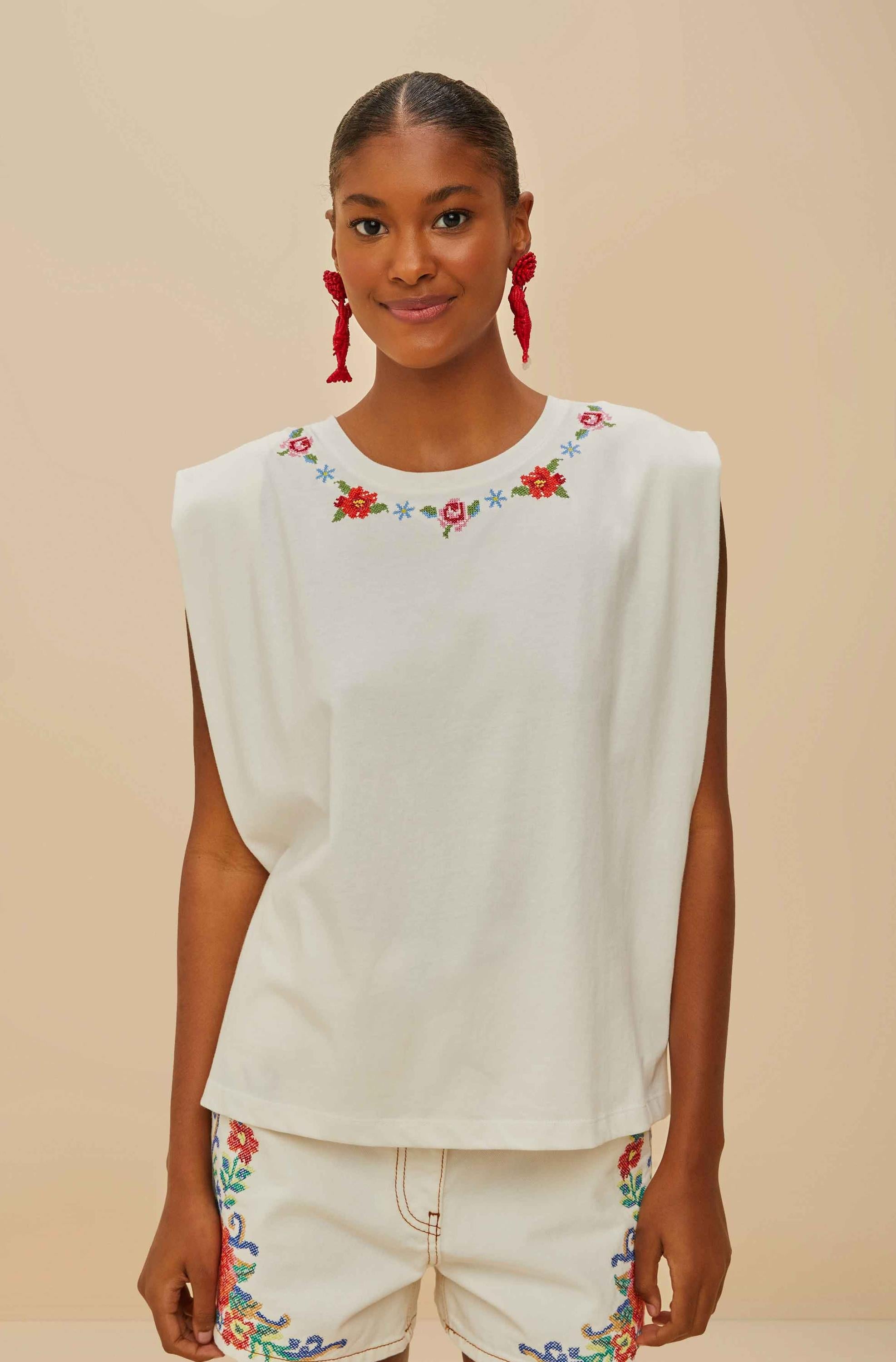 Cross Stitch Flowers Off- White Tshirt