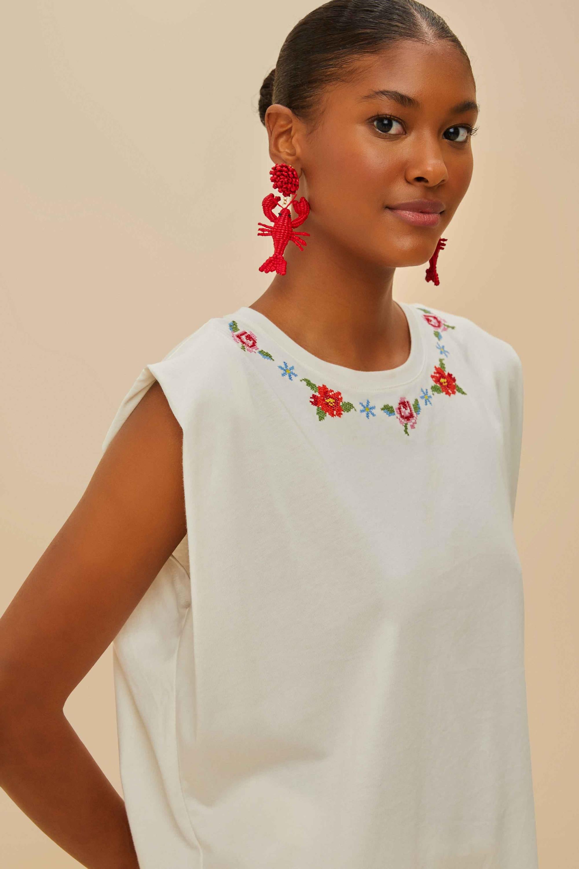 Cross Stitch Flowers Off- White Tshirt