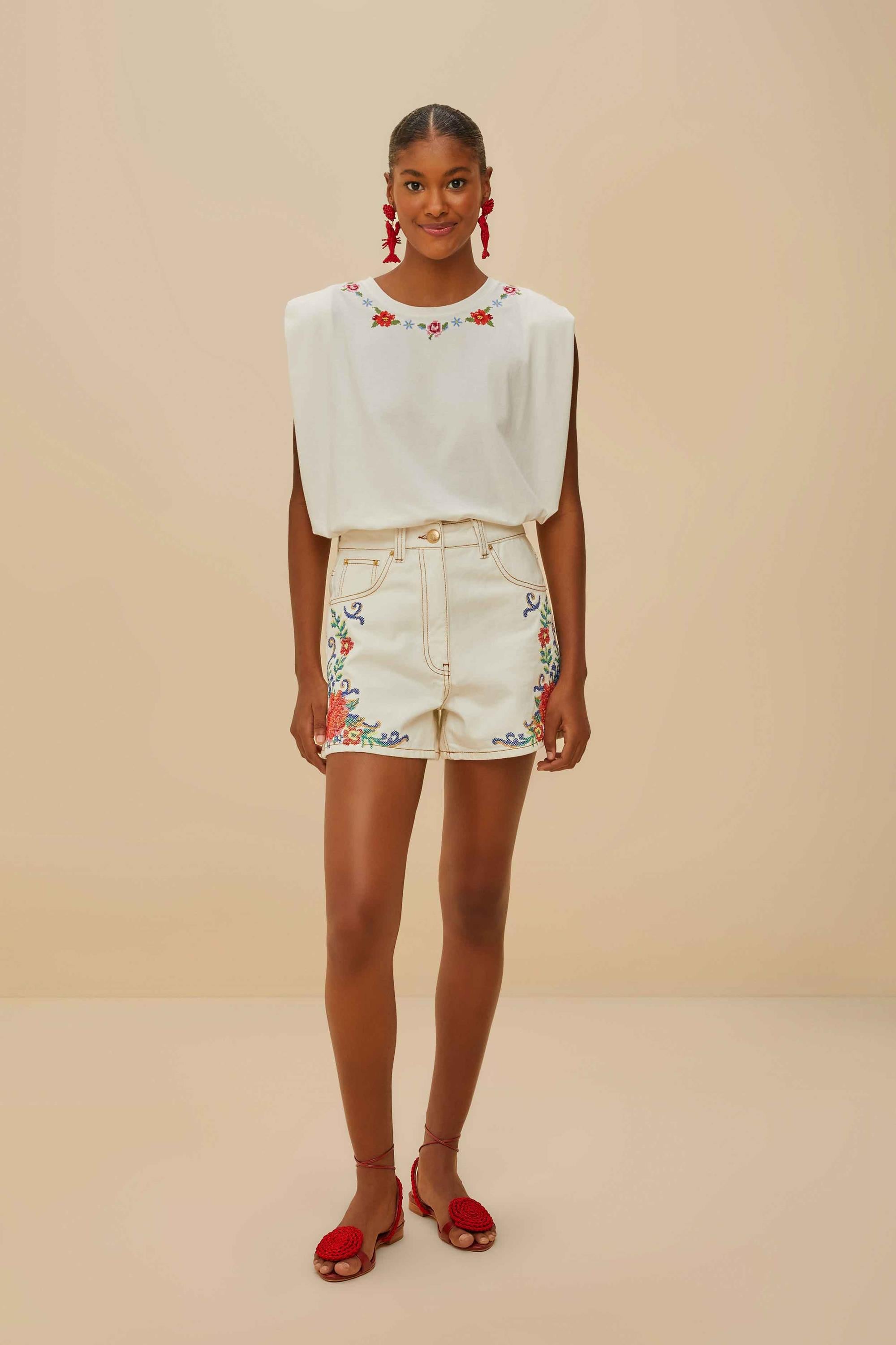 Cross Stitch Flowers Off- White Tshirt