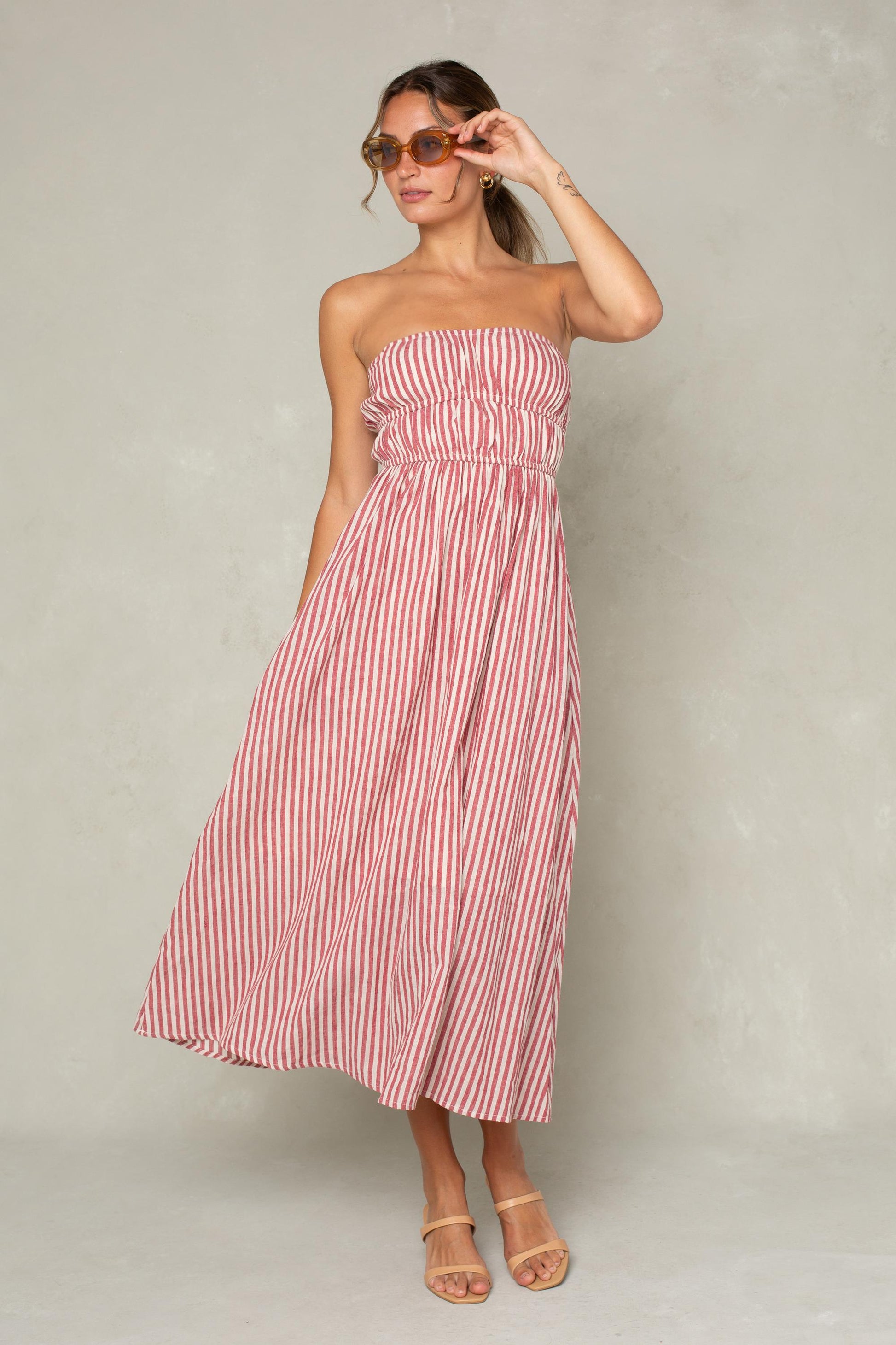 Peyton Strapless Midi Dress Green Multi Red Multi / L Peyton Strapless Midi Dress Green Multi Red Multi / L