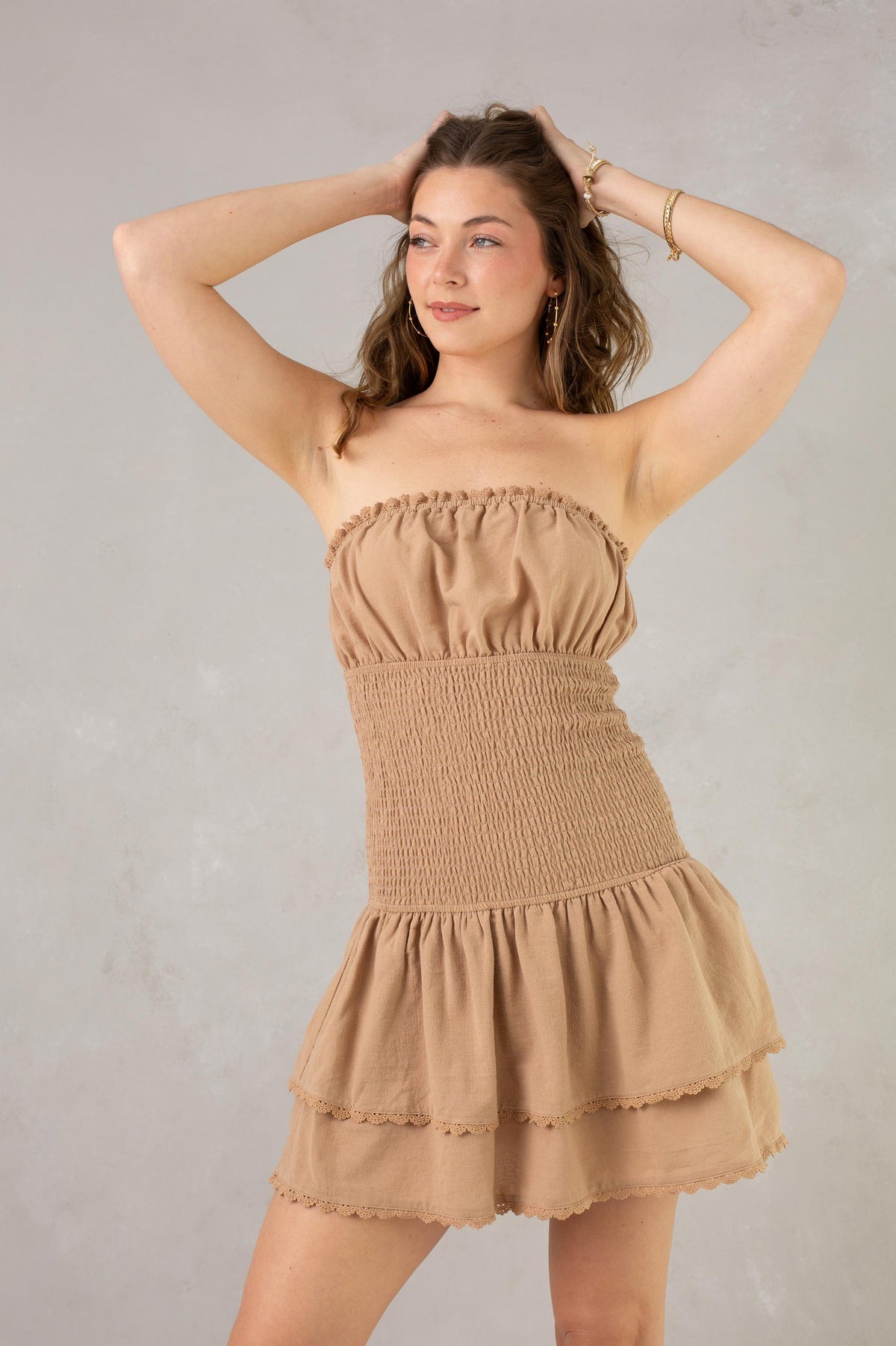 Tan Ruffland Ellie Smocked Mini Dress Butter Bronze – South Moon Under