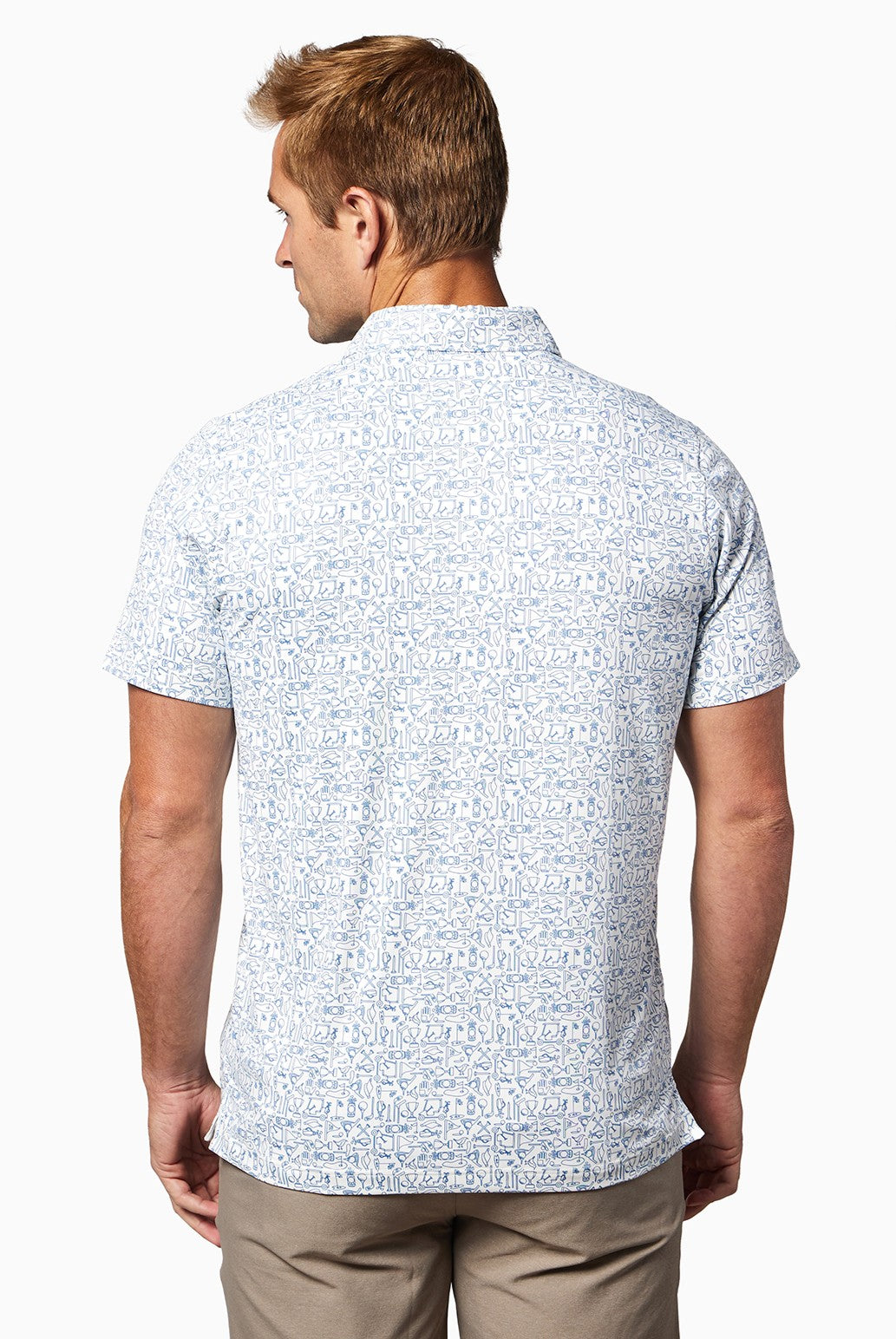A man with short light brown hair is seen from behind, wearing the Toes on the Nose Clubhouse Polo Tequila Therapy in light blue and white pattern with tan pants, standing against a plain white background.