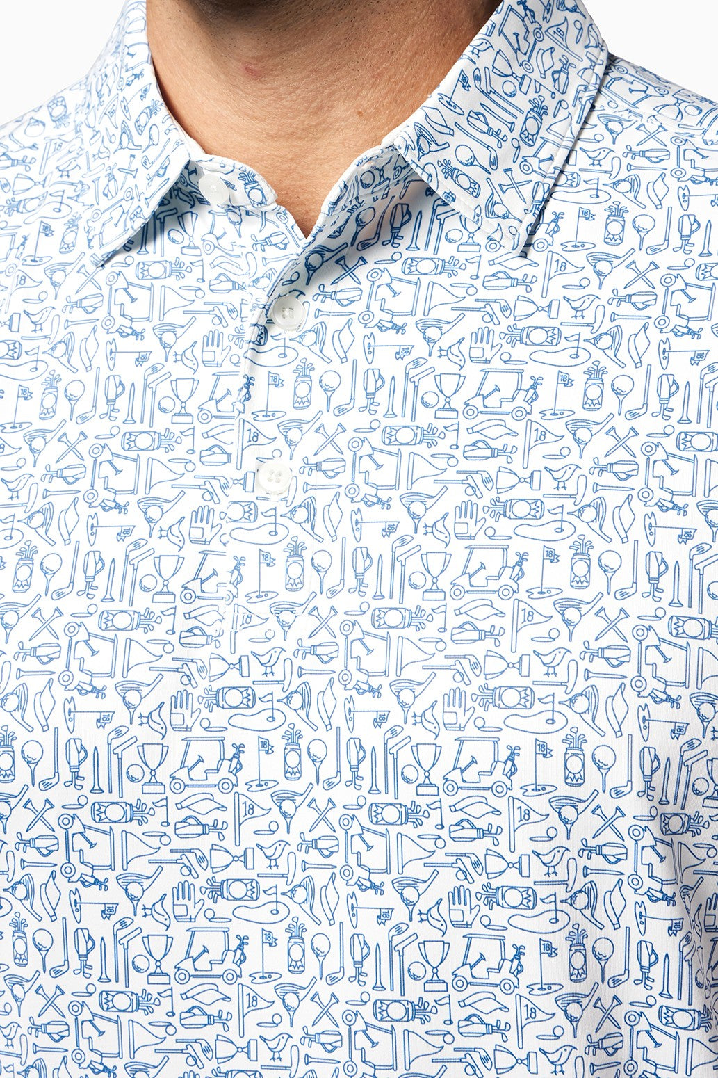 Close-up of a person wearing the Clubhouse Polo Tequila Therapy by Toes on the Nose, a quick-dry collared shirt with a white base and blue line art print of kitchen utensils. Only the lower face, neck, and upper chest are visible.
